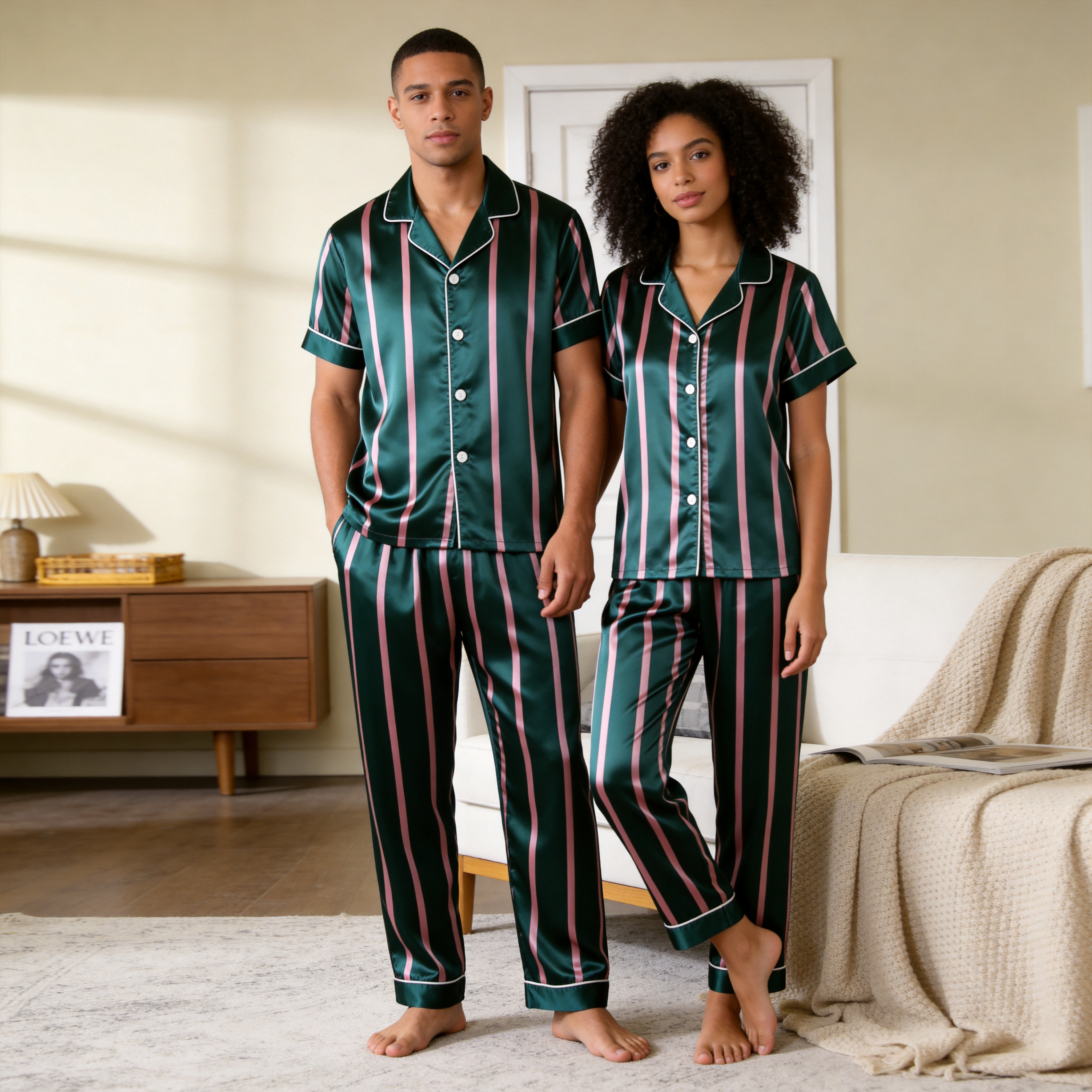 Vertical Stripe Short Sleeve Notched Collar Button-Down Shirt and Long Pants Nightwear