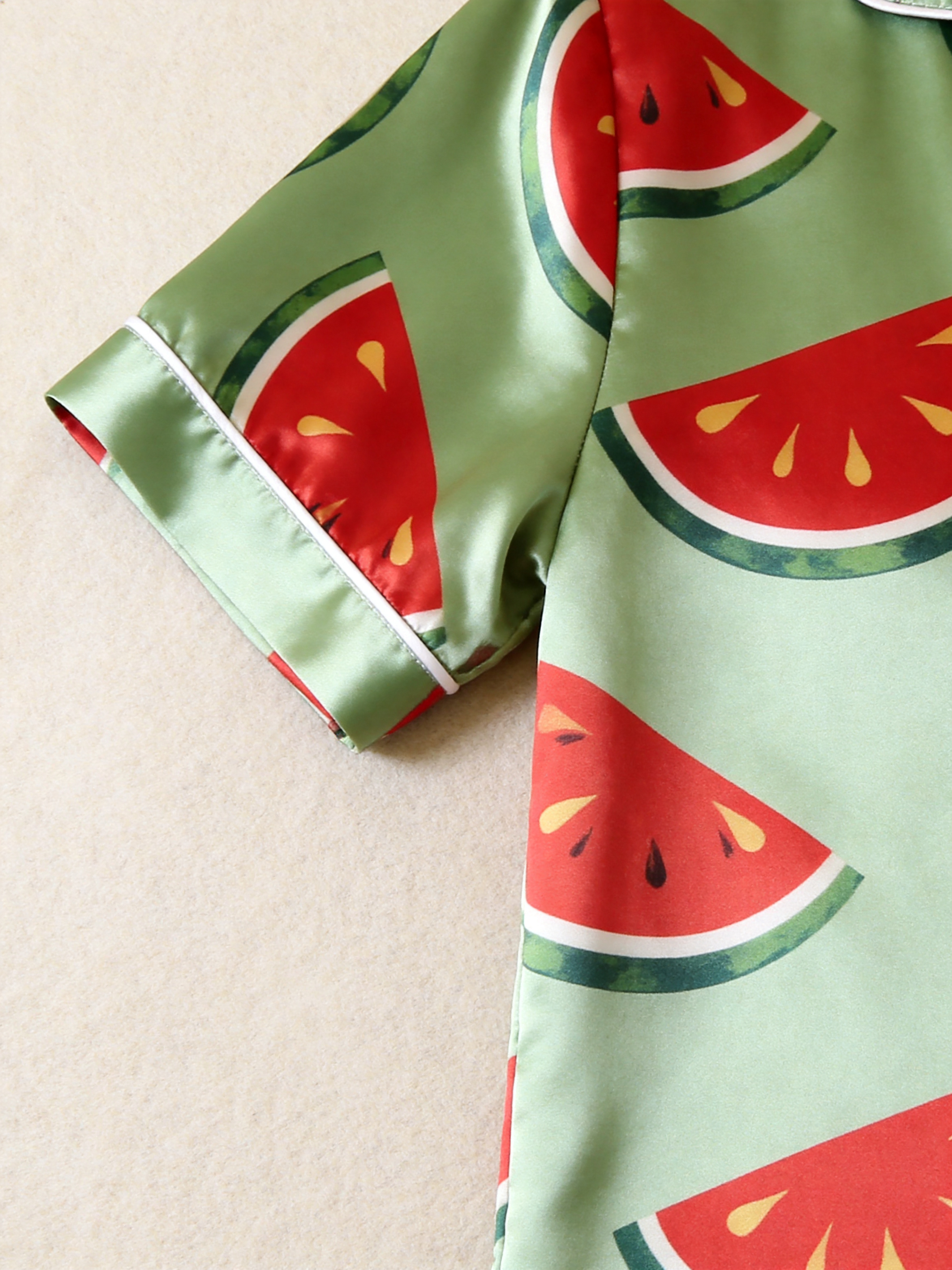 Cute Food Print Couple Short Sleeve Satin Button-Down Top & Pants Sleepwear Set