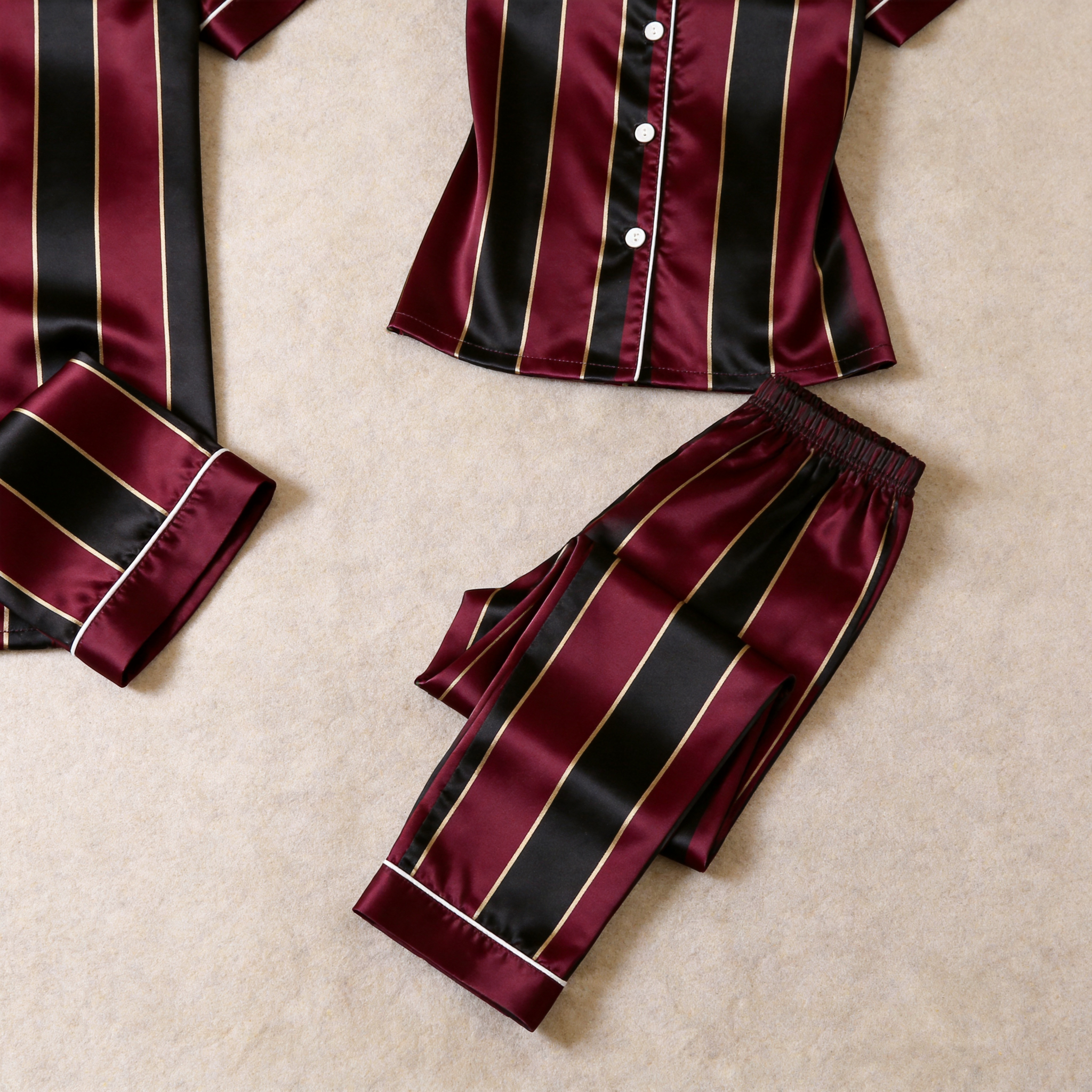 Vertical Stripe Short Sleeve Notched Collar Button-Down Shirt and Long Pants Nightwear