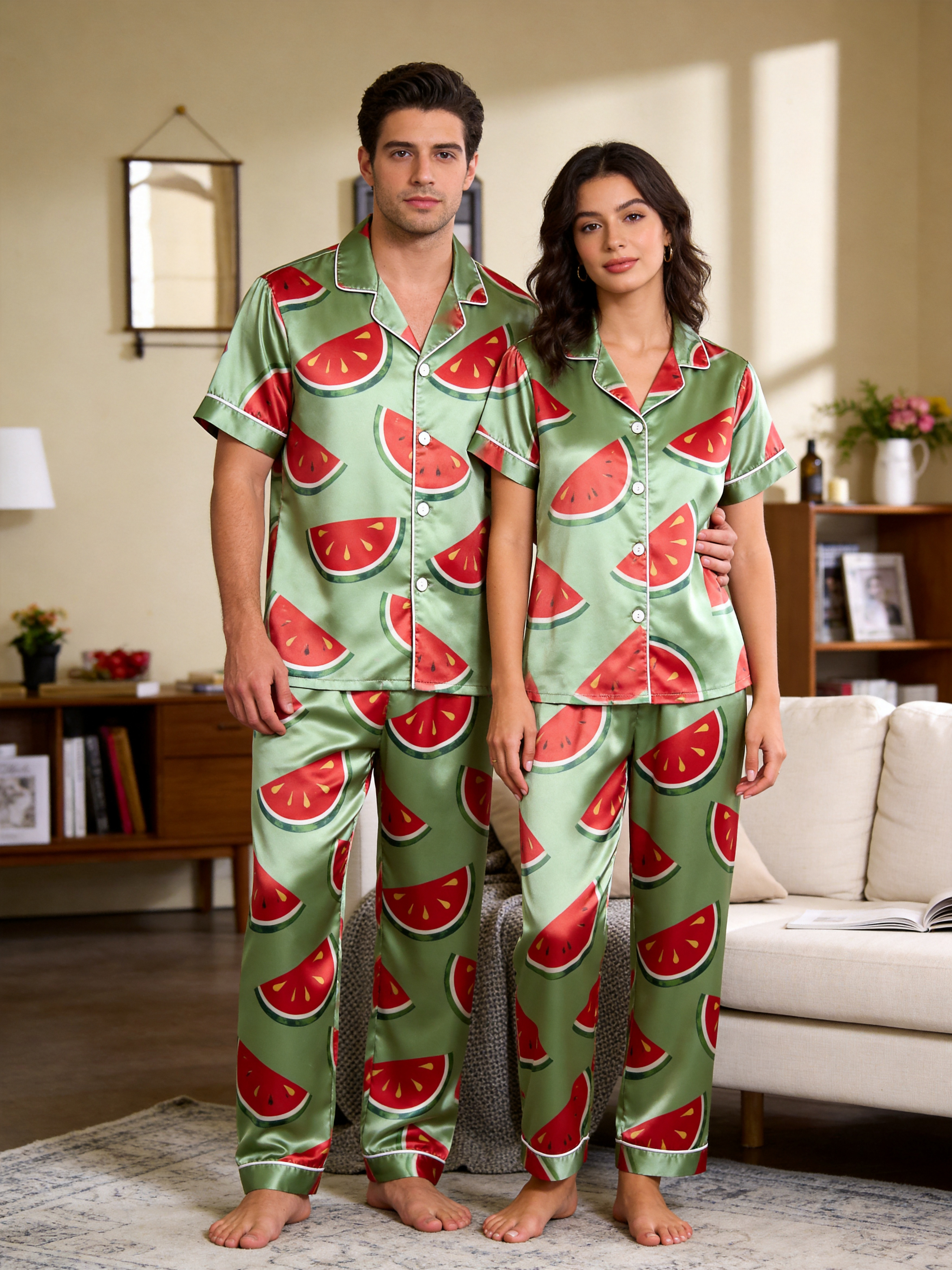 Cute Food Print Couple Short Sleeve Satin Button-Down Top & Pants Sleepwear Set