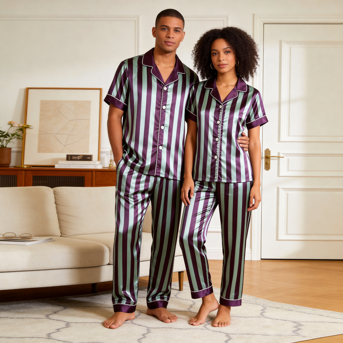 Purple & Green Vertical Stripe Short Sleeve Notched Collar Button-Down Shirt and Long Pants Nightwear