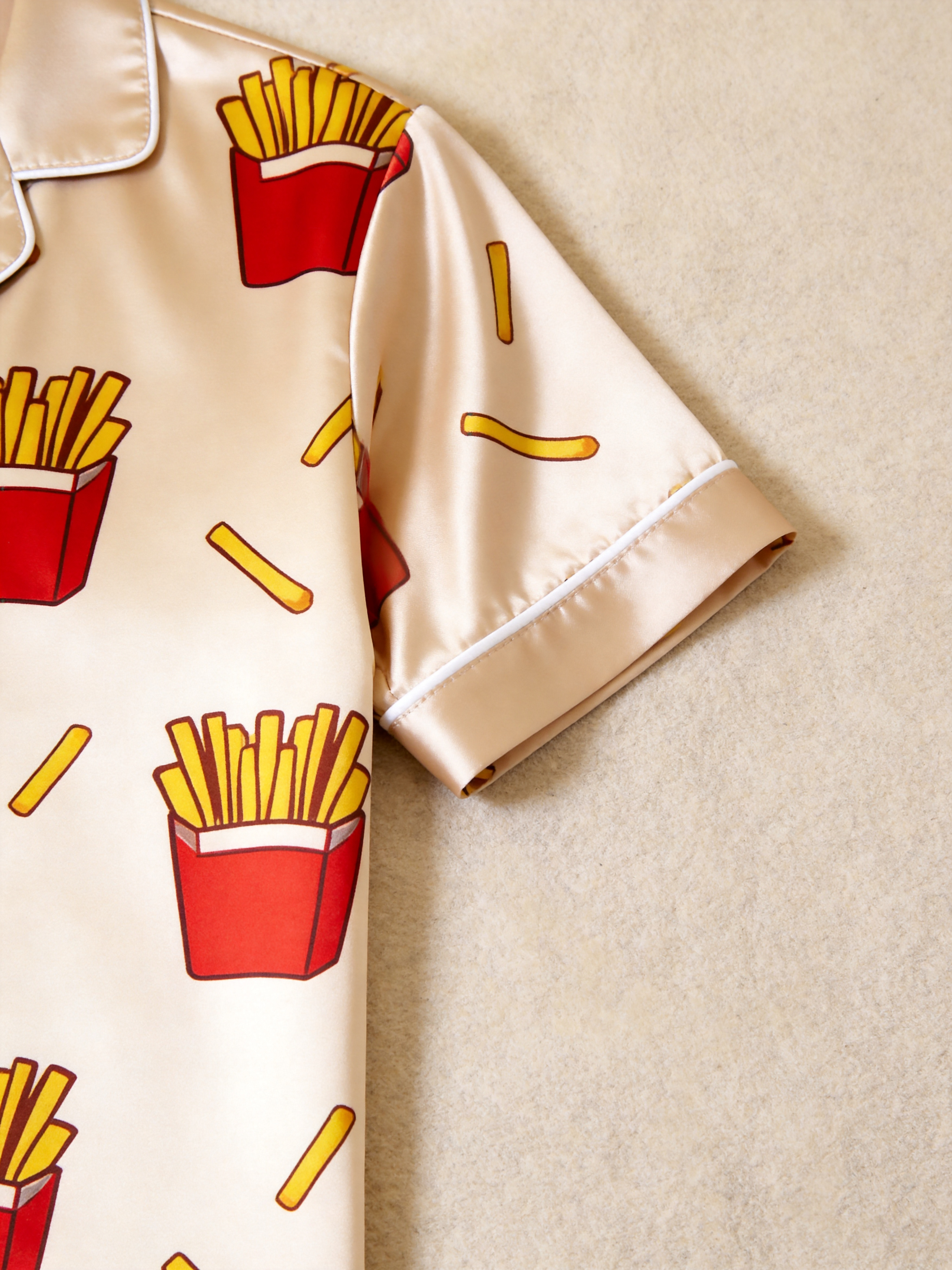 Cute Food Print Couple Short Sleeve Satin Button-Down Top & Pants Sleepwear Set