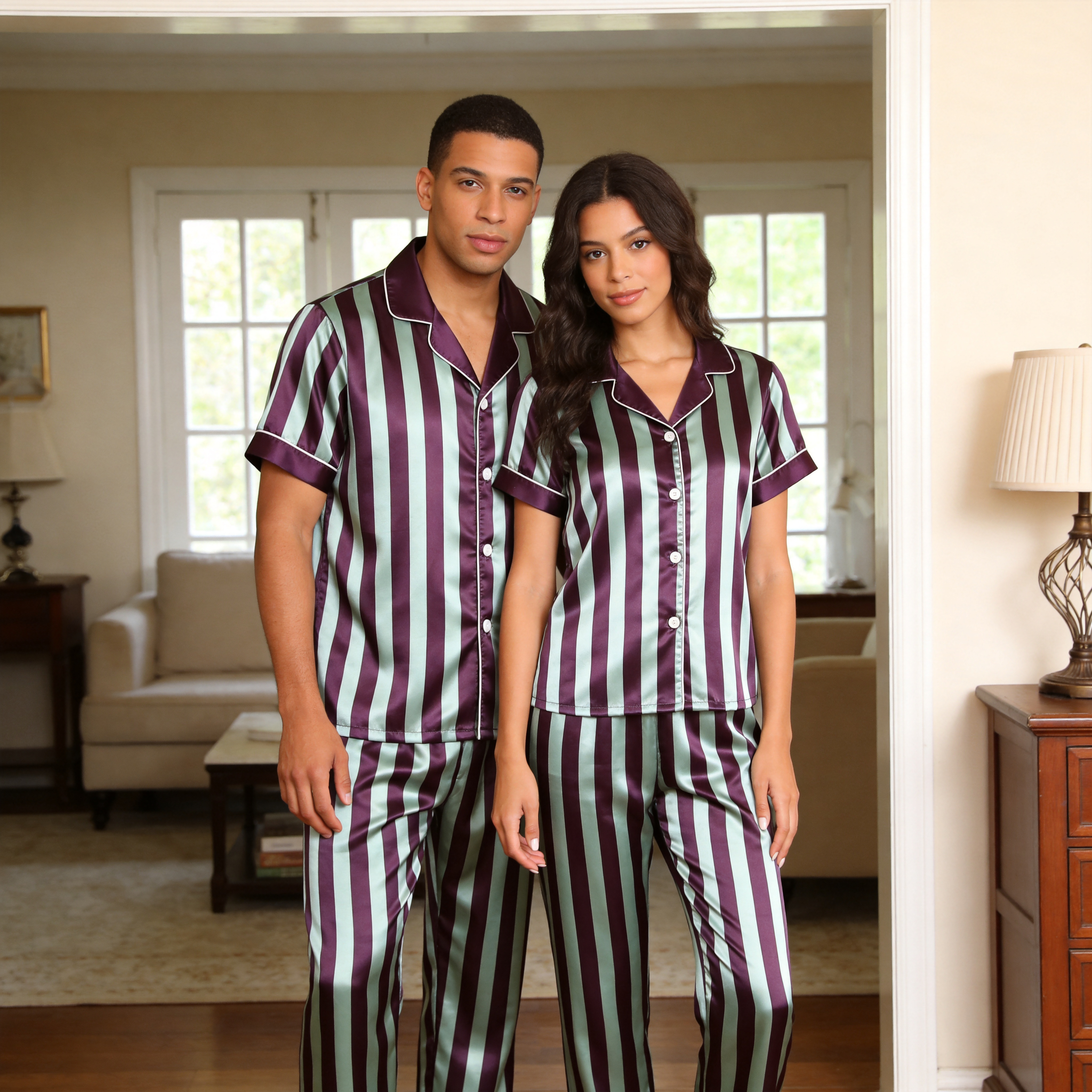 Vertical Stripe Short Sleeve Notched Collar Button-Down Shirt and Long Pants Nightwear