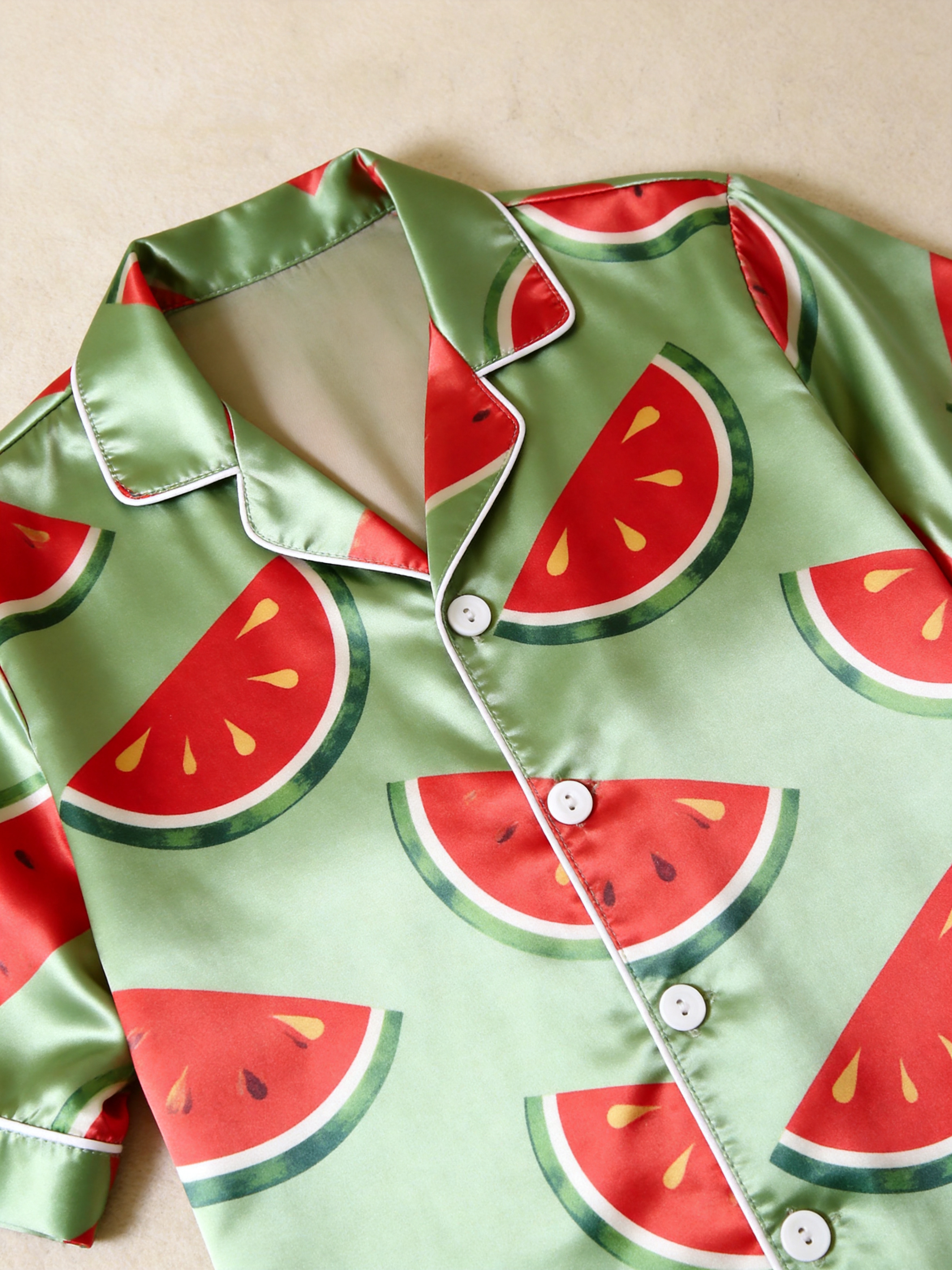 Cute Food Print Couple Short Sleeve Satin Button-Down Top & Pants Sleepwear Set
