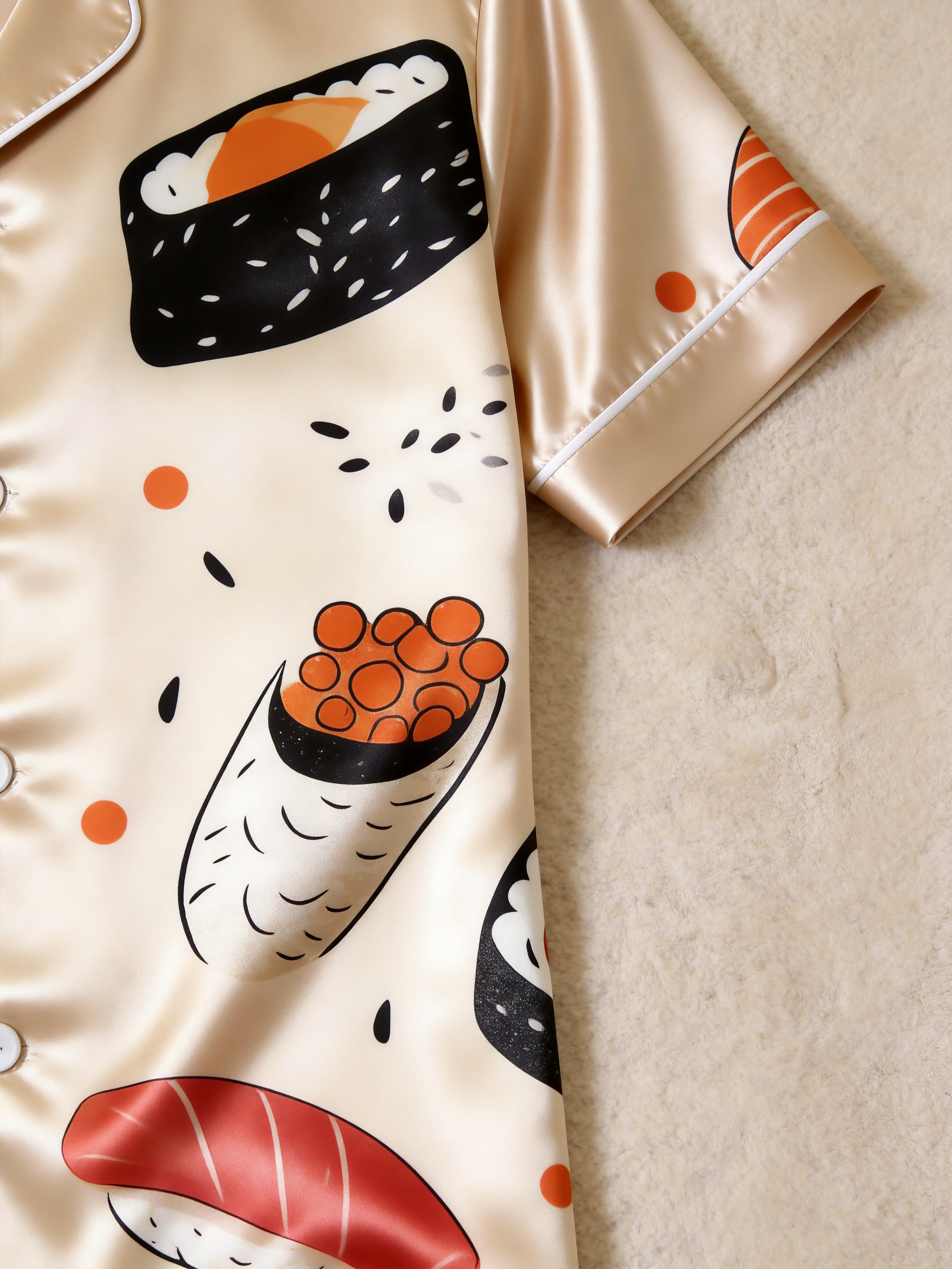 Cute Food Print Couple Short Sleeve Satin Button-Down Top & Pants Sleepwear Set