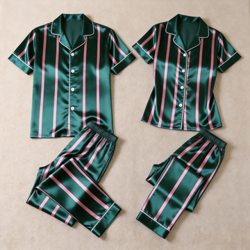 Green & Pink Vertical Stripe Short Sleeve Notched Collar Button-Down Shirt and Long Pants Nightwear