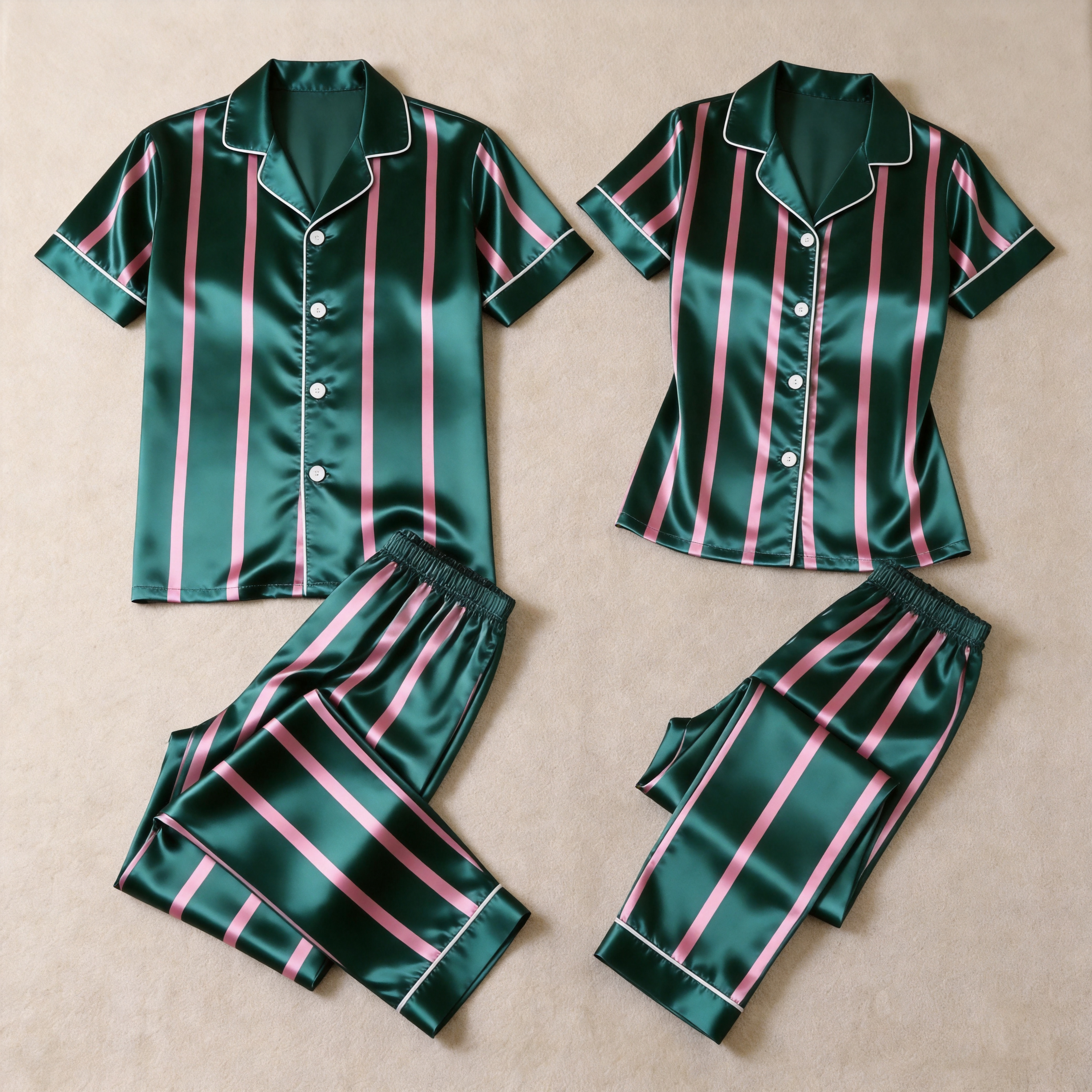 Vertical Stripe Short Sleeve Notched Collar Button-Down Shirt and Long Pants Nightwear