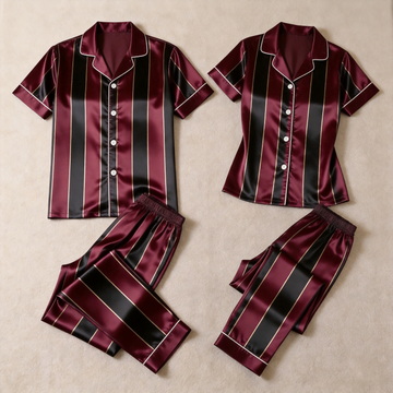 Burgundy Vertical Stripe Short Sleeve Notched Collar Button-Down Shirt and Long Pants Nightwear