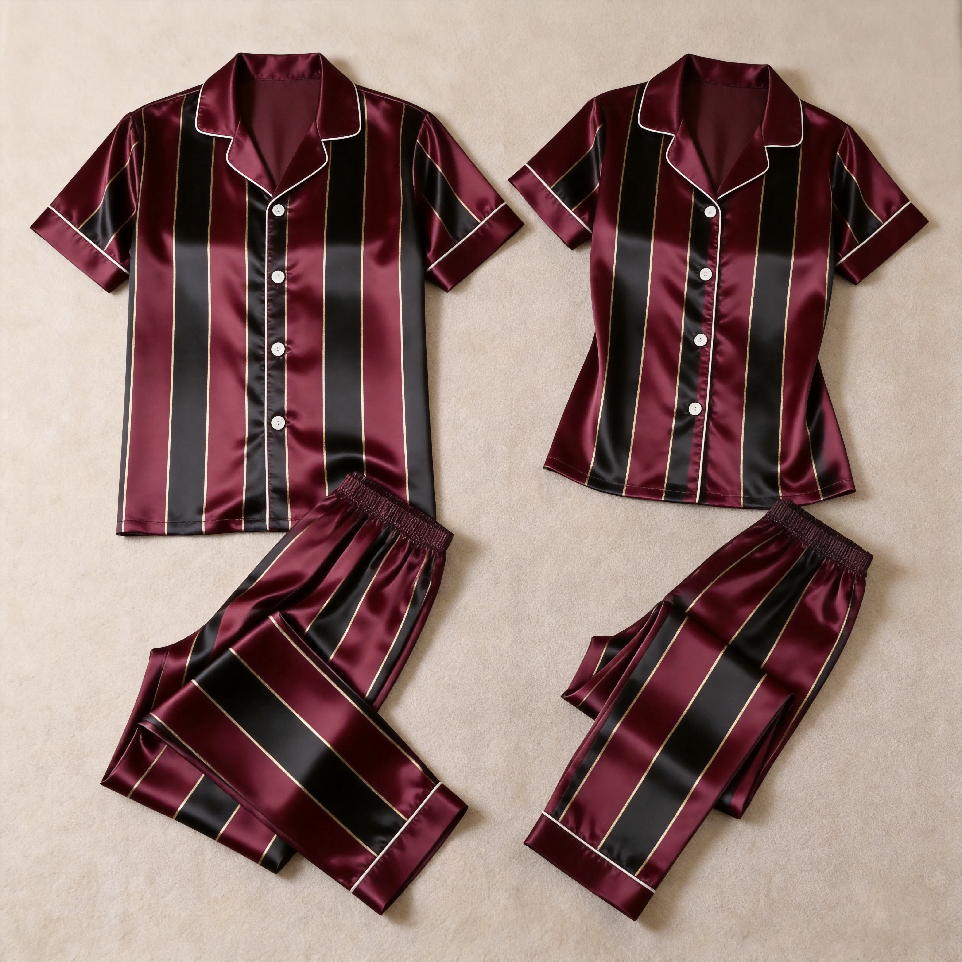 Vertical Stripe Short Sleeve Notched Collar Button-Down Shirt and Long Pants Nightwear