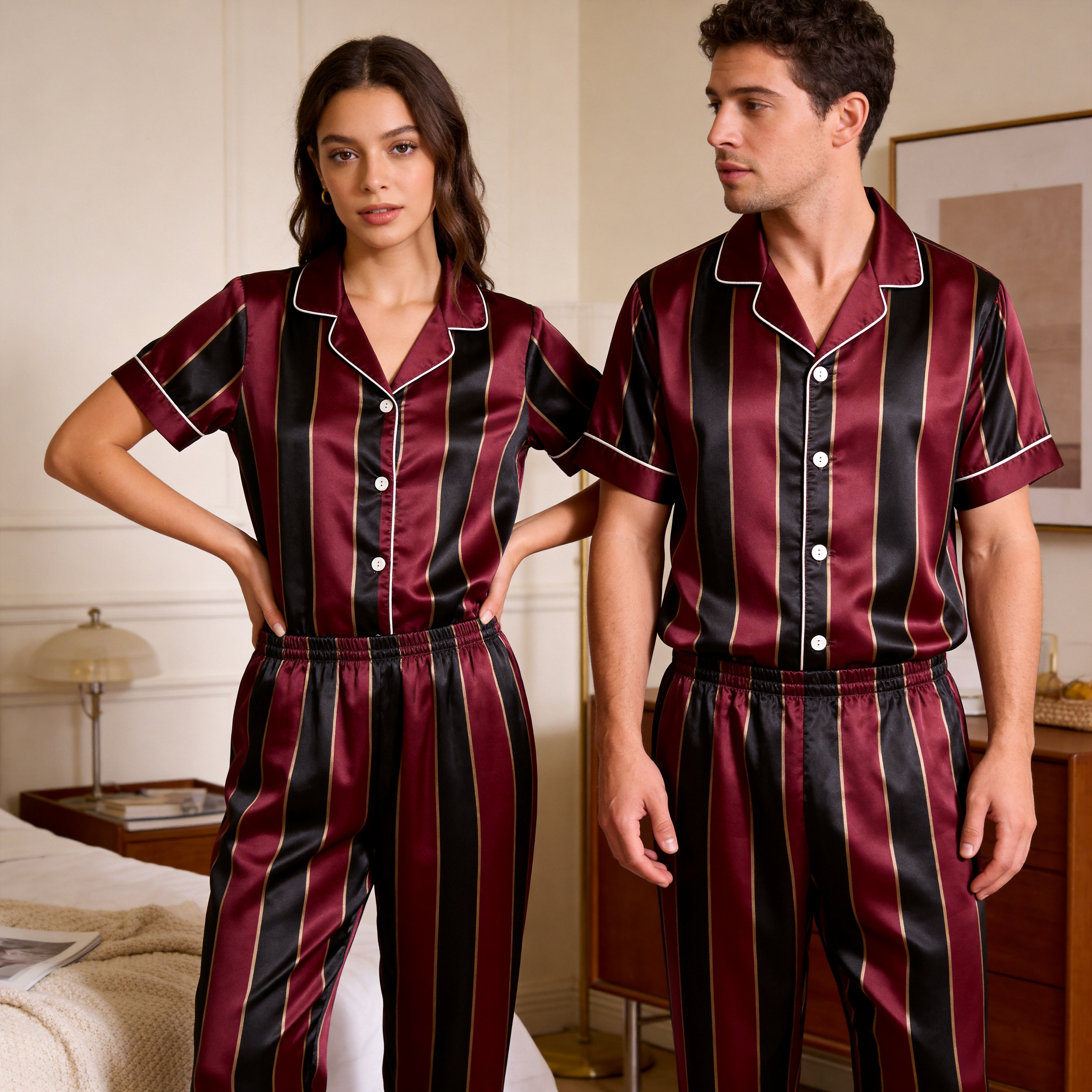 Vertical Stripe Short Sleeve Notched Collar Button-Down Shirt and Long Pants Nightwear