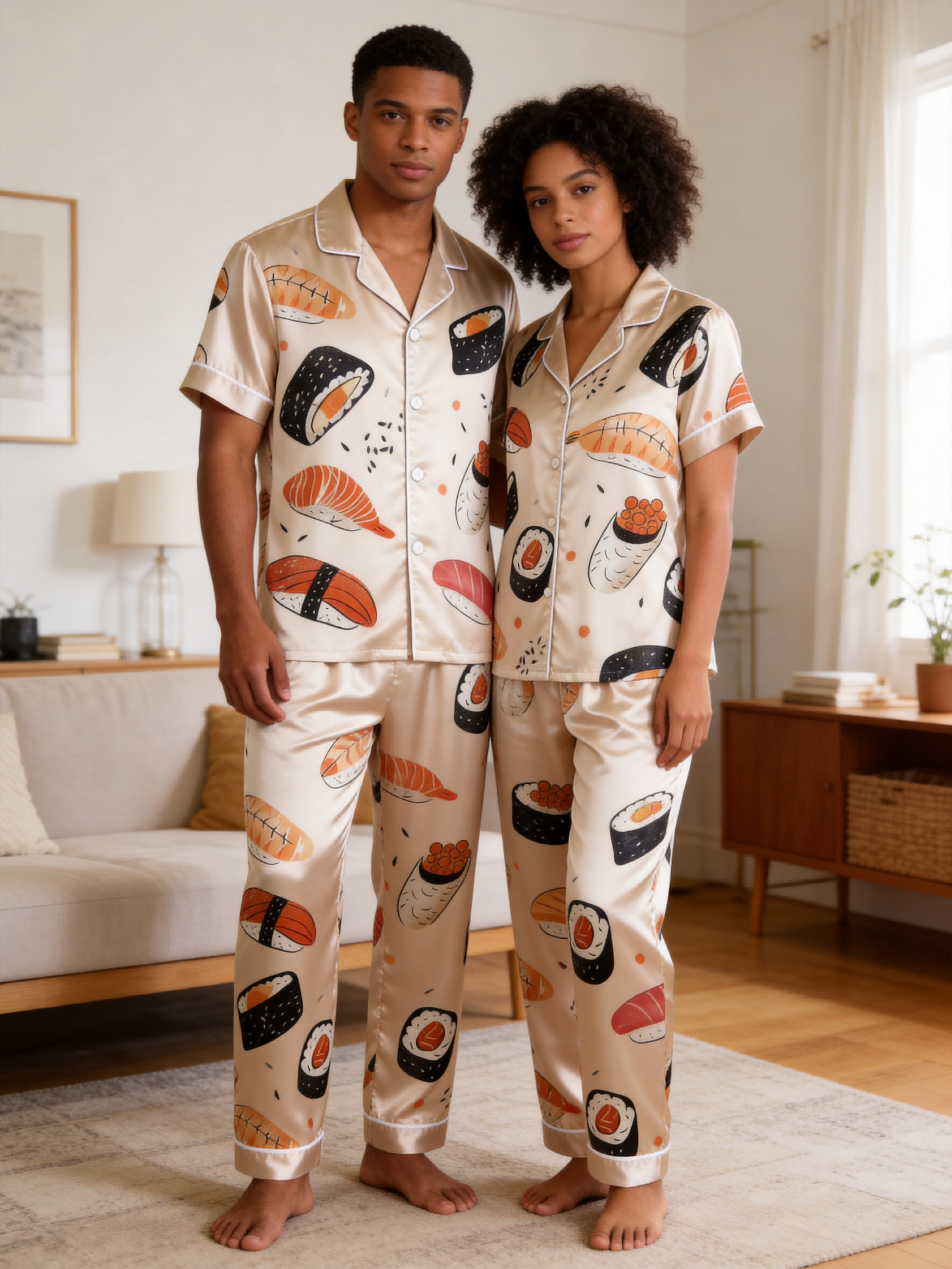 Cute Food Print Couple Short Sleeve Satin Button-Down Top & Pants Sleepwear Set
