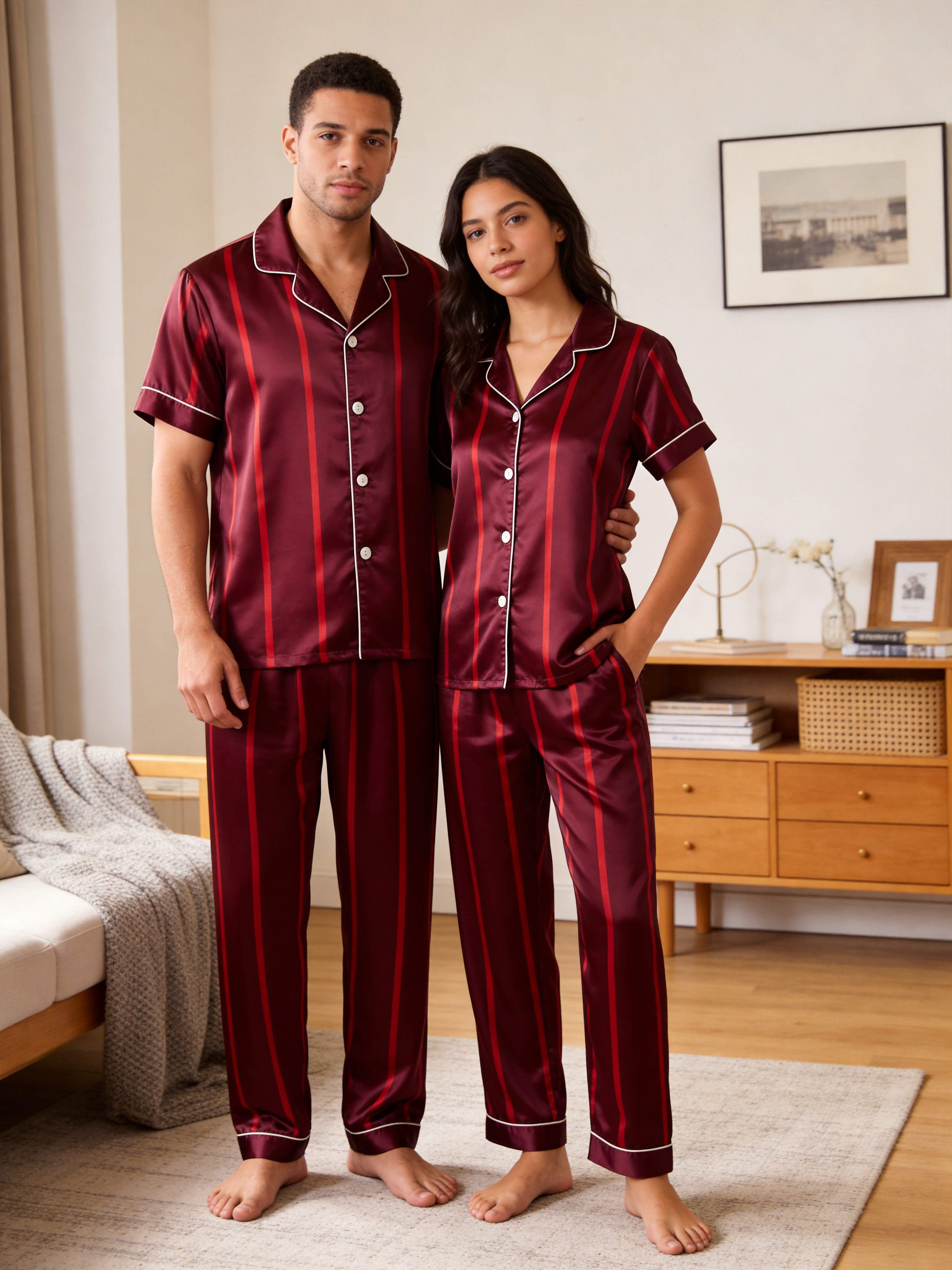 Luxury Vertical Yellow Stripe Satin Couples Pajamas