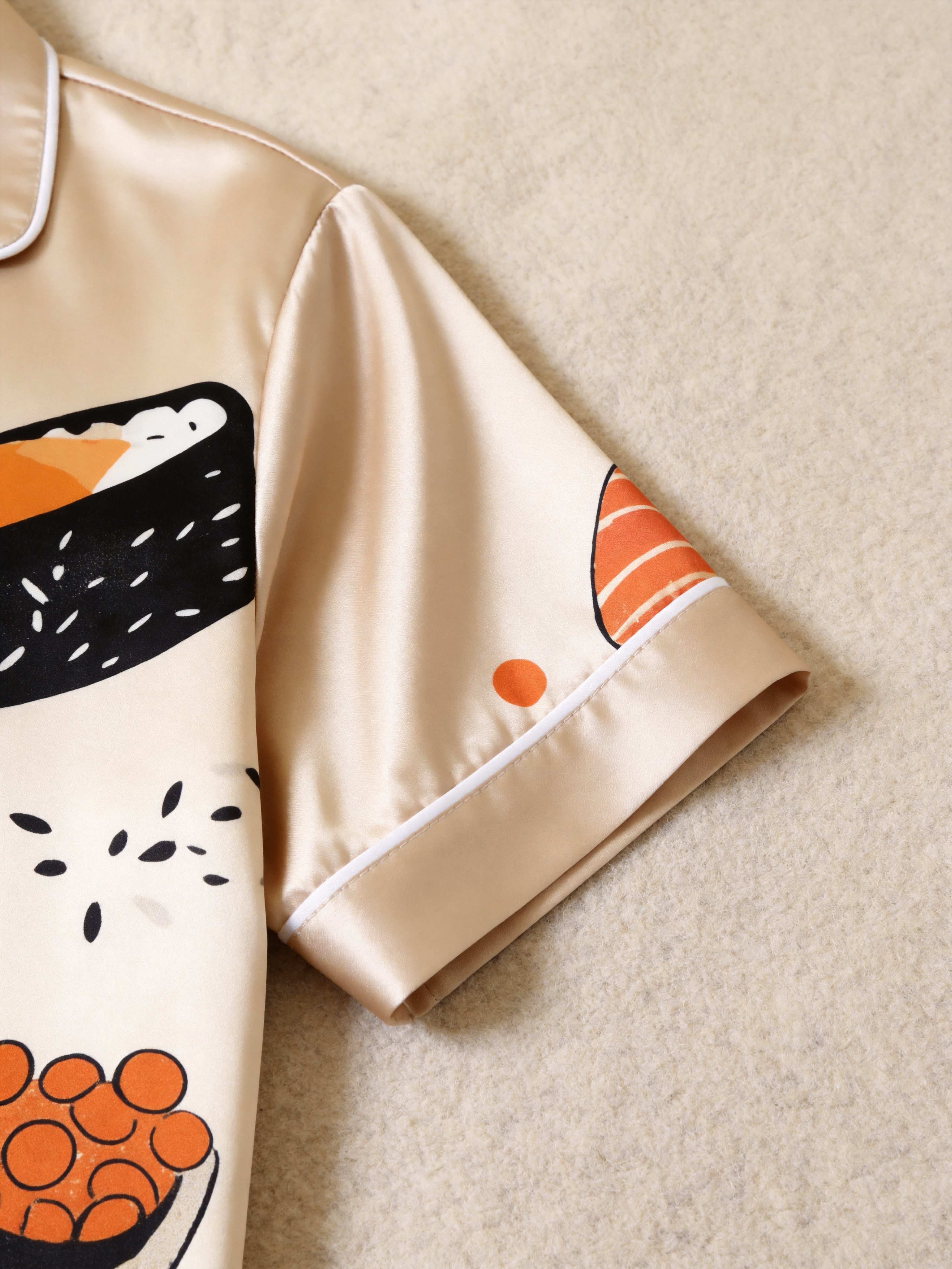 Cute Food Print Couple Short Sleeve Satin Button-Down Top & Pants Sleepwear Set