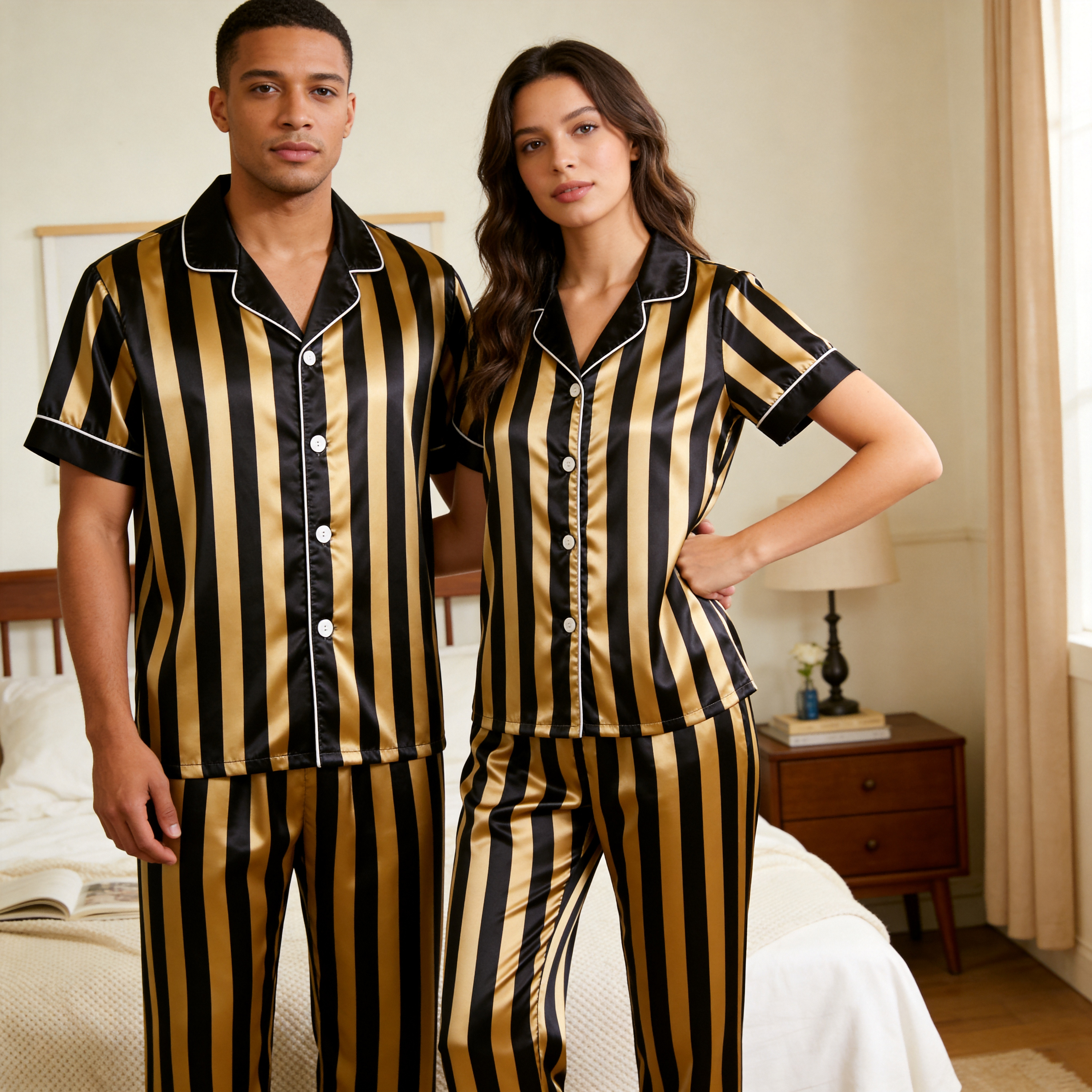 Luxury Vertical Yellow Stripe Satin Couples Pajamas