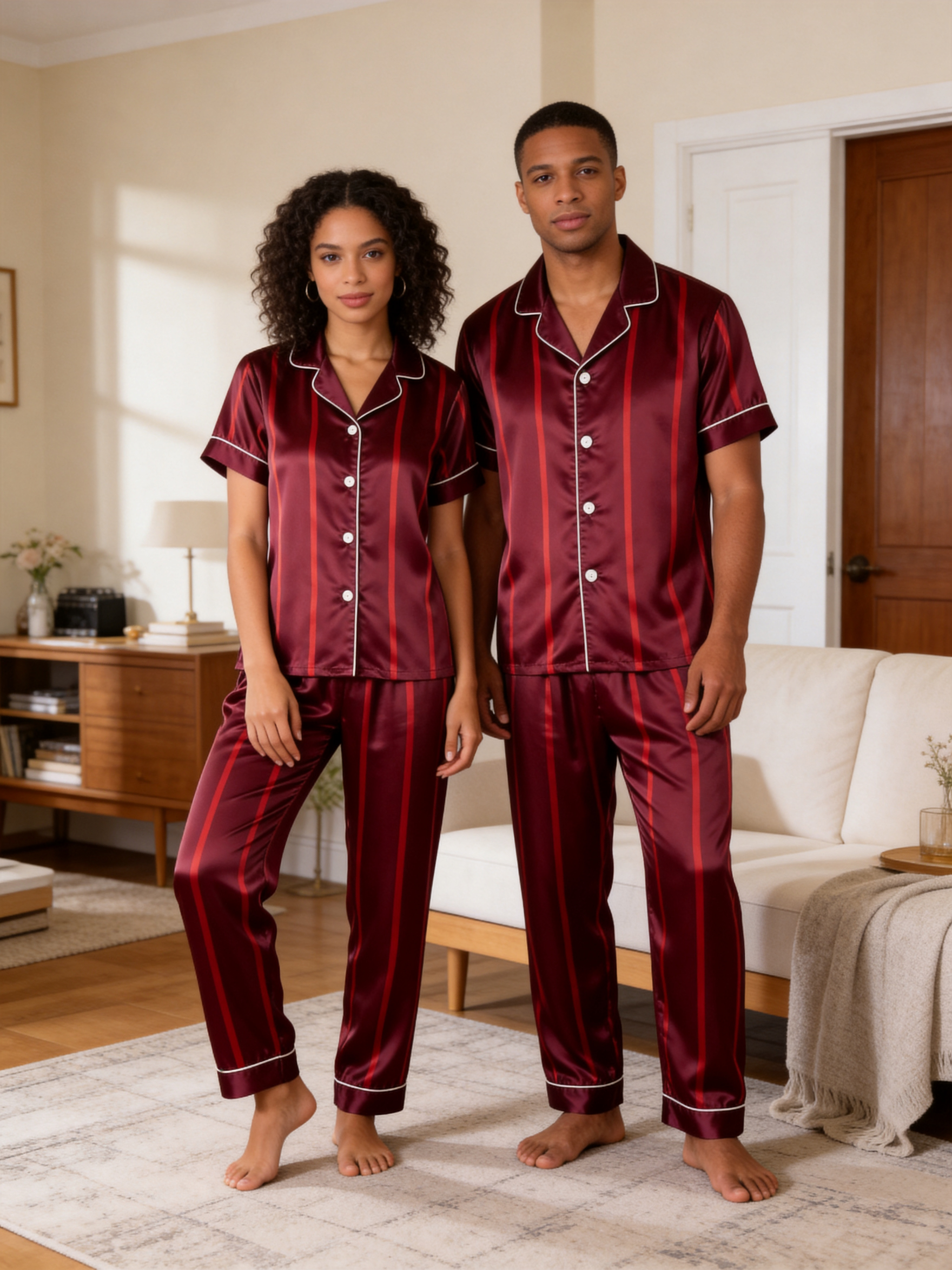 Luxury Vertical Yellow Stripe Satin Couples Pajamas
