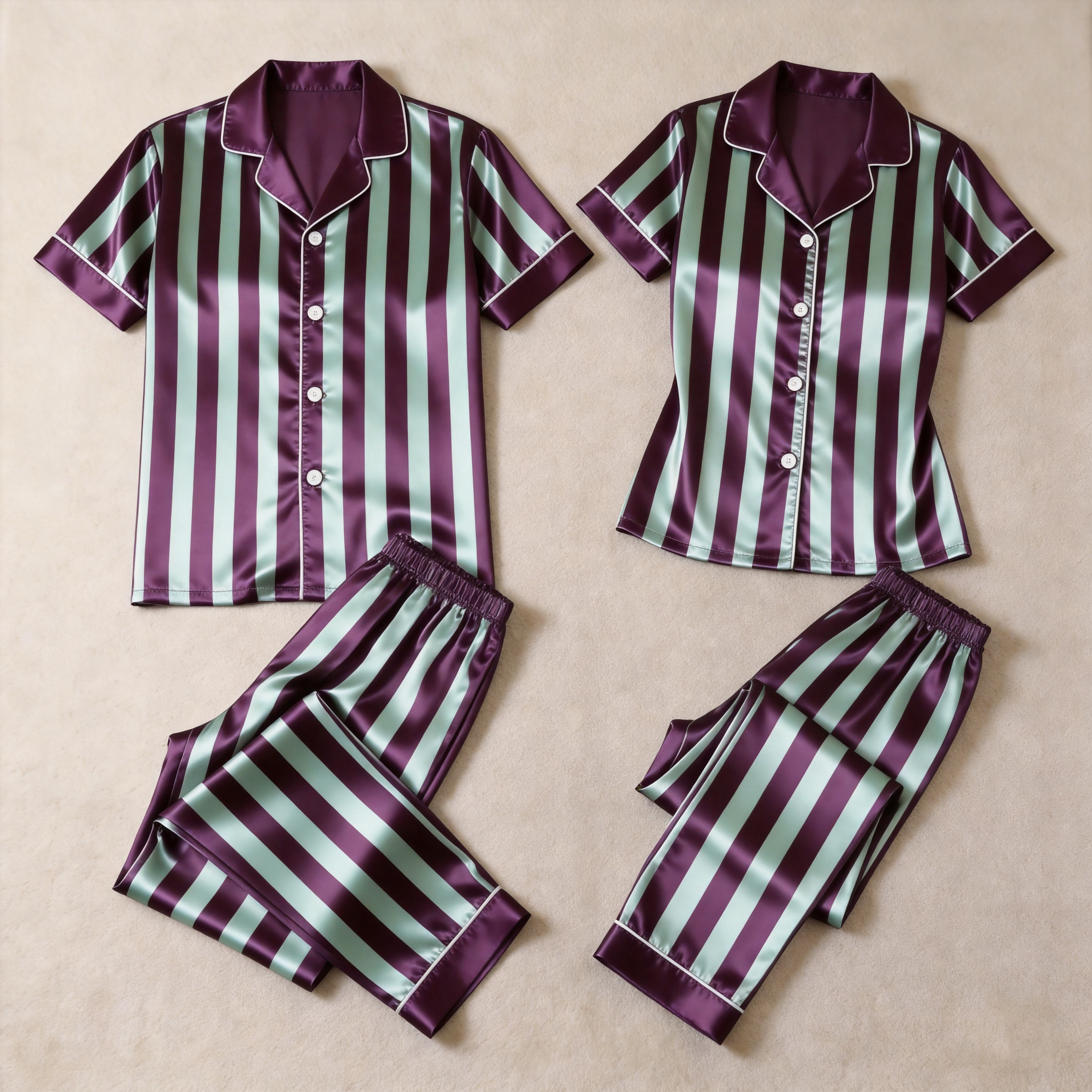 Vertical Stripe Short Sleeve Notched Collar Button-Down Shirt and Long Pants Nightwear