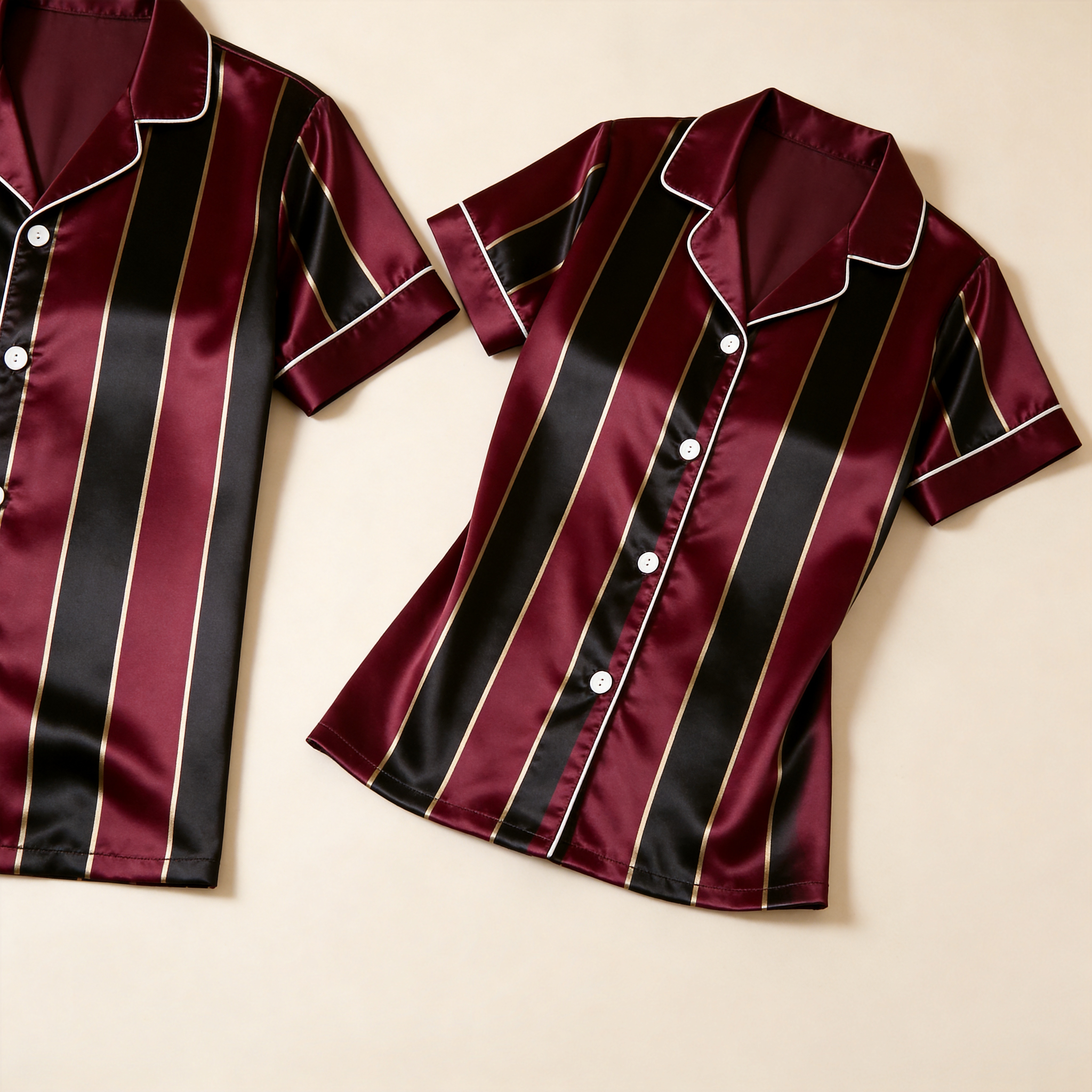 Vertical Stripe Short Sleeve Notched Collar Button-Down Shirt and Long Pants Nightwear