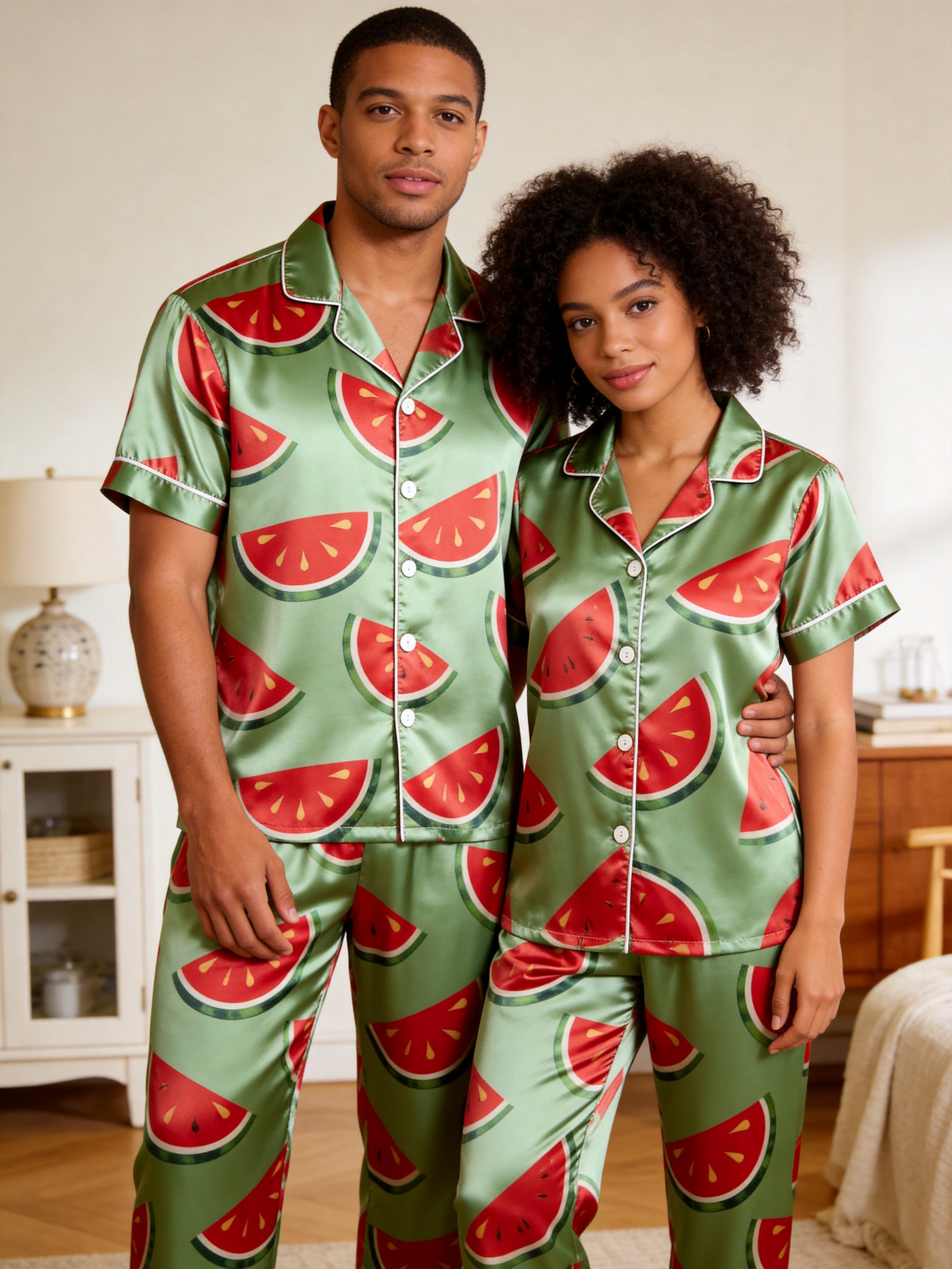 Cute Food Print Couple Short Sleeve Satin Button-Down Top & Pants Sleepwear Set