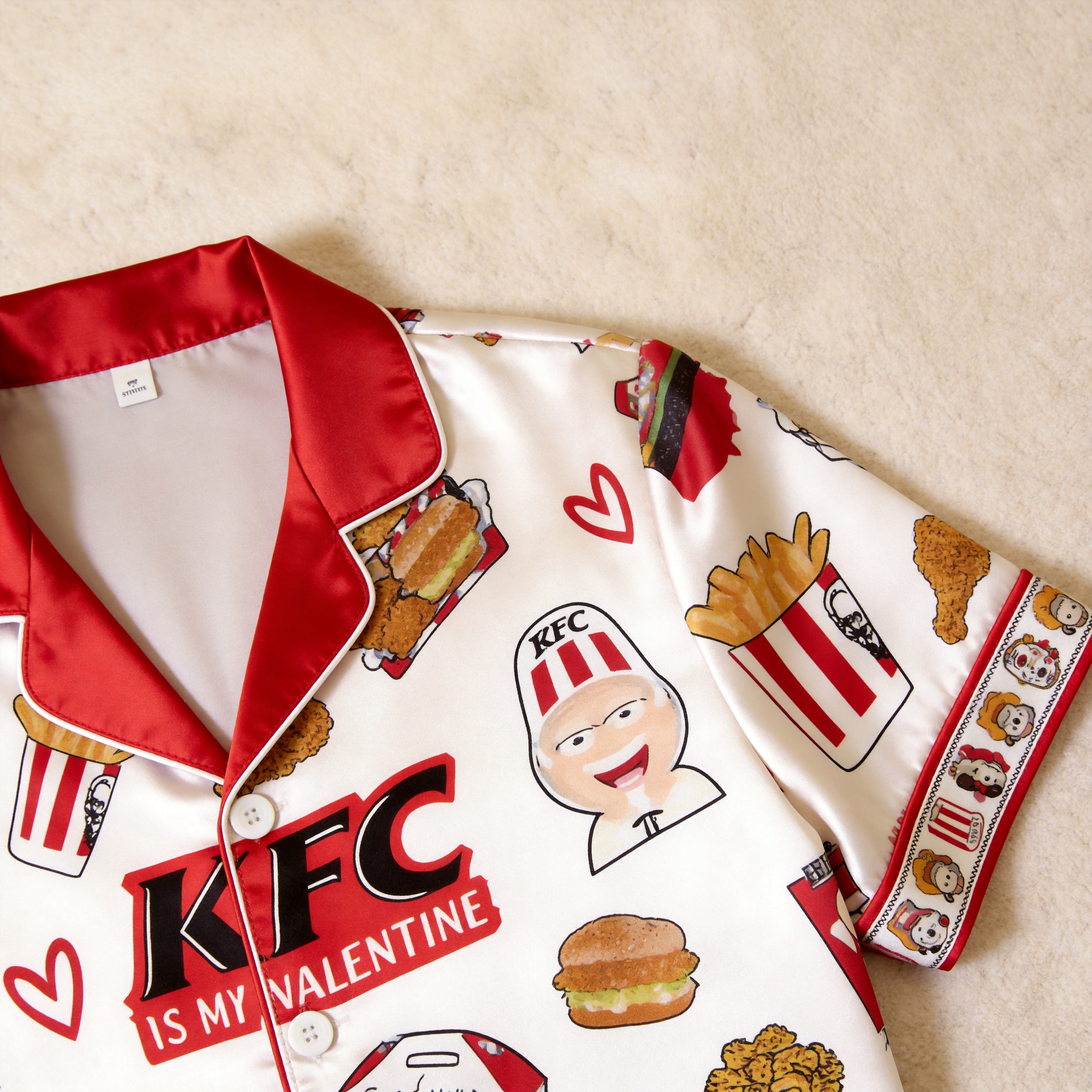 Burger & Fries Comfort Food Motif Satin Couples Pajamas – Short Sleeve Button-Up Loungewear Set with Pants