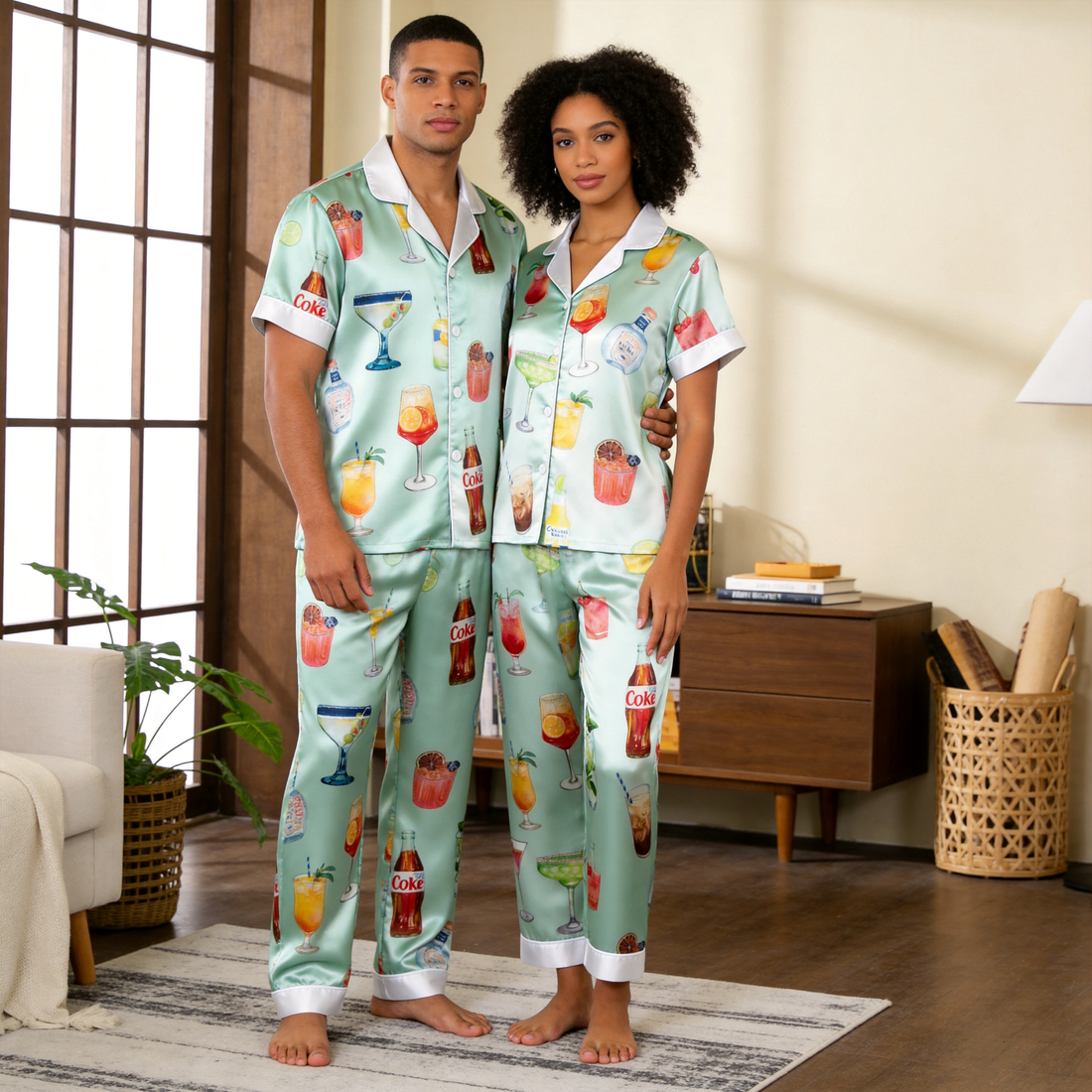 Vintage Liquor & Wine Bottle Satin Couples Pajamas – Short Sleeve Button-Up Loungewear Set with Pants