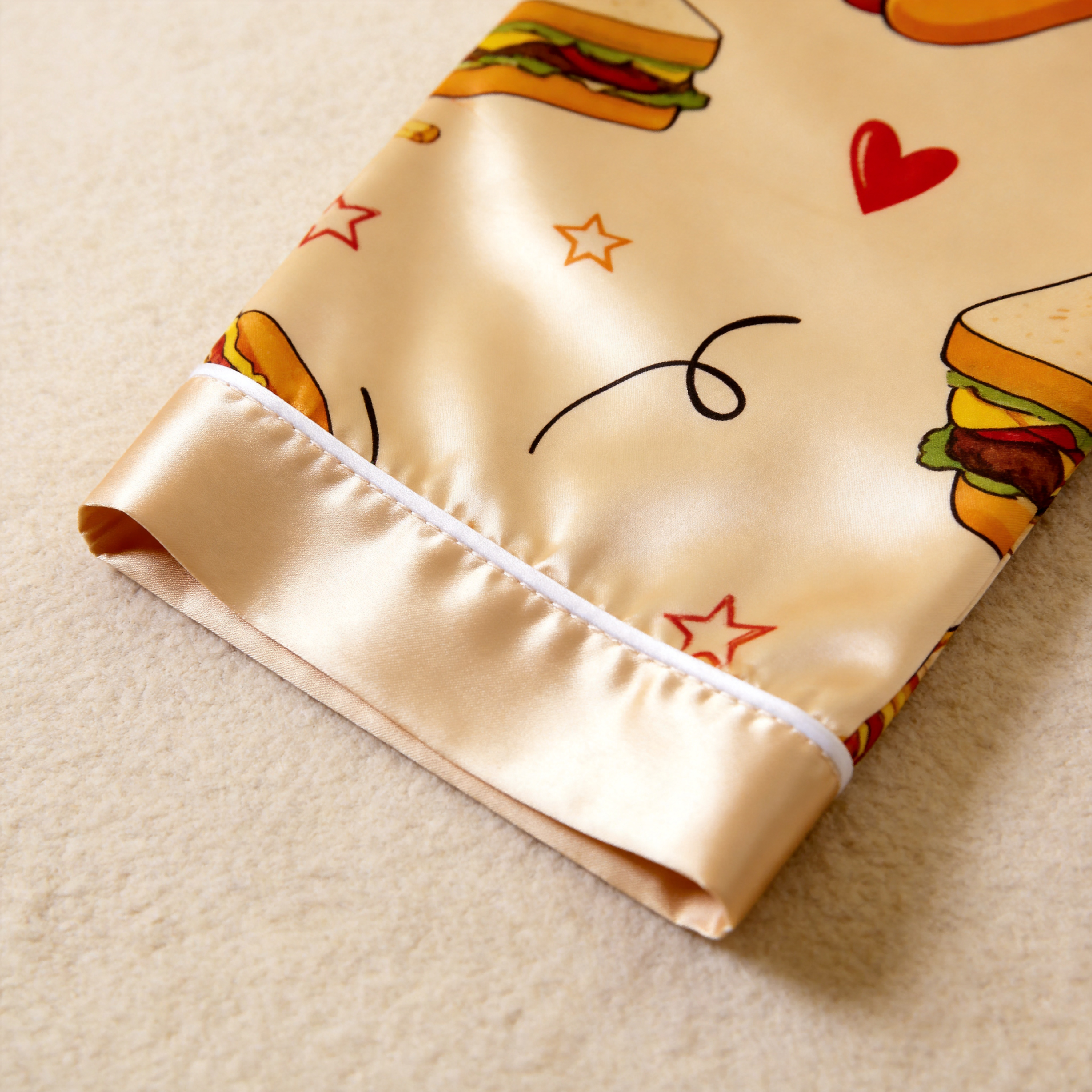 Burger & Fries Comfort Food Motif Satin Couples Pajamas – Short Sleeve Button-Up Loungewear Set with Pants