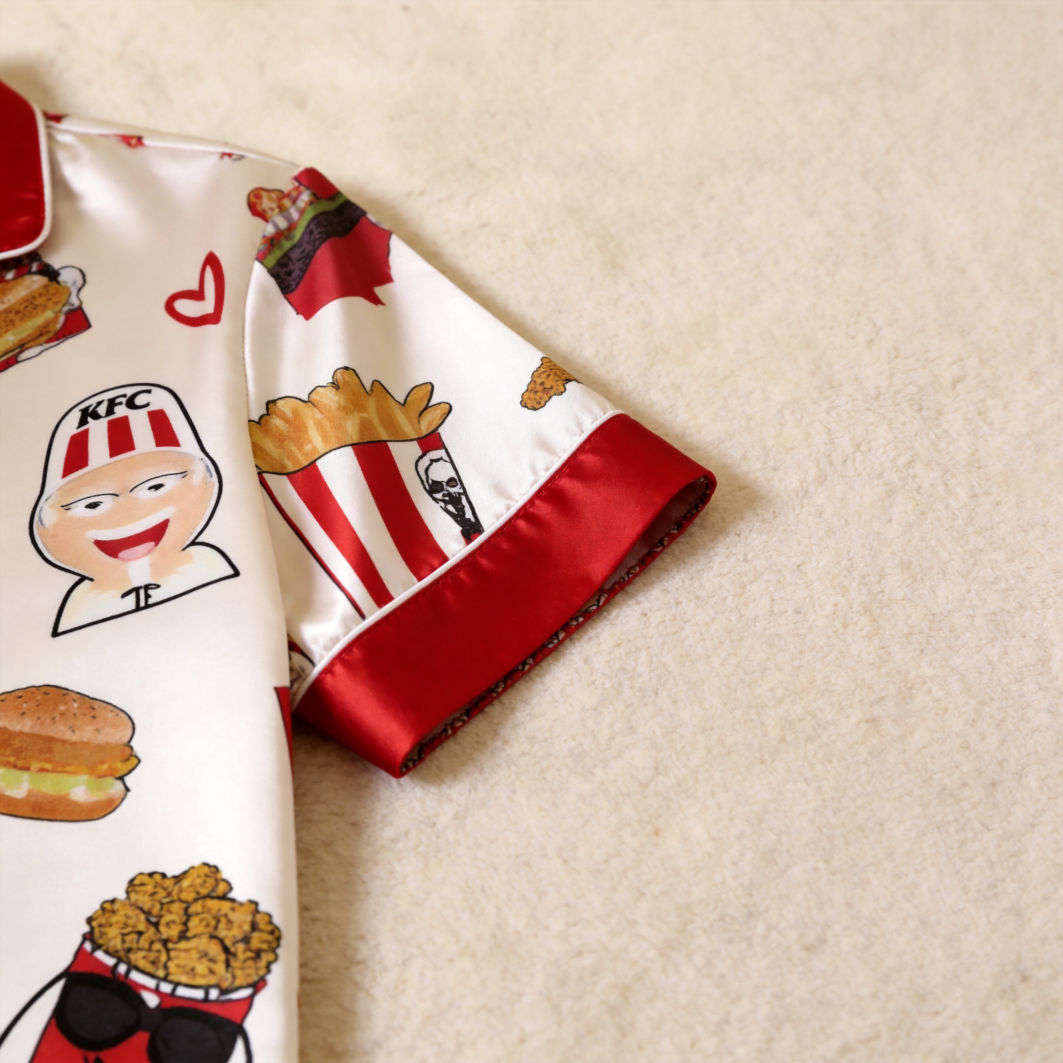 Burger & Fries Comfort Food Motif Satin Couples Pajamas – Short Sleeve Button-Up Loungewear Set with Pants