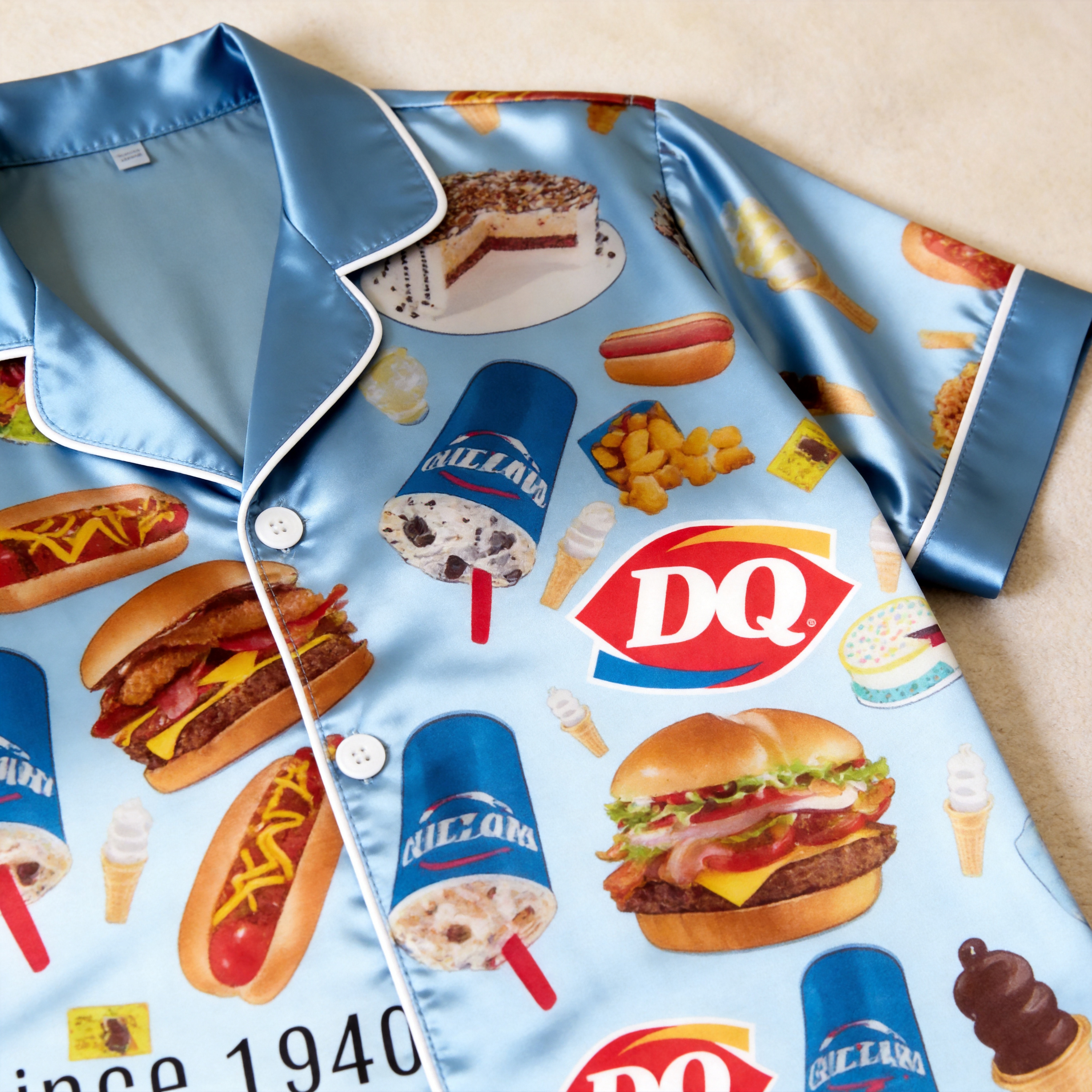 Burger & Fries Comfort Food Motif Satin Couples Pajamas – Short Sleeve Button-Up Loungewear Set with Pants
