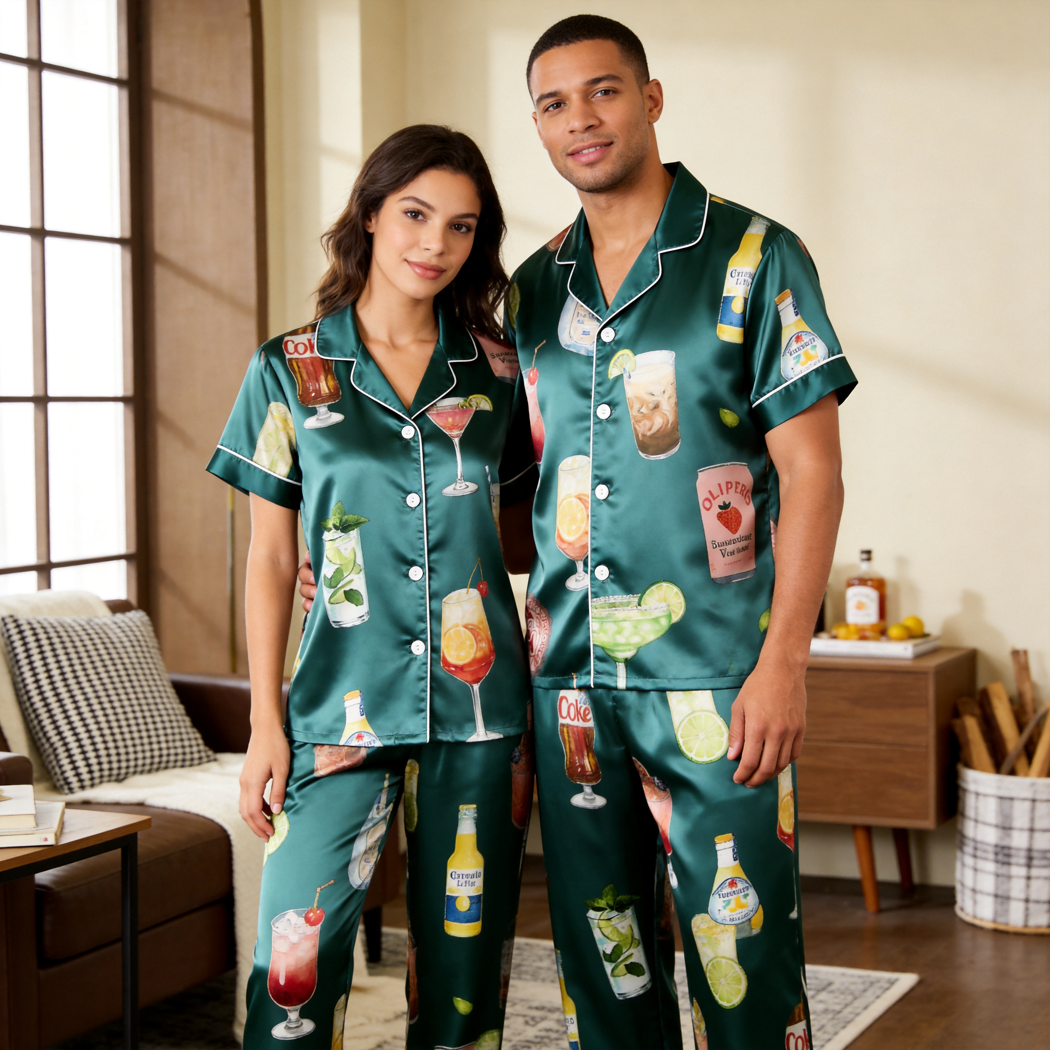 Happy Hour Bottle Print Satin Matching Couple Pajamas – Short Sleeve Button-Down Top & Pants Sleepwear Set