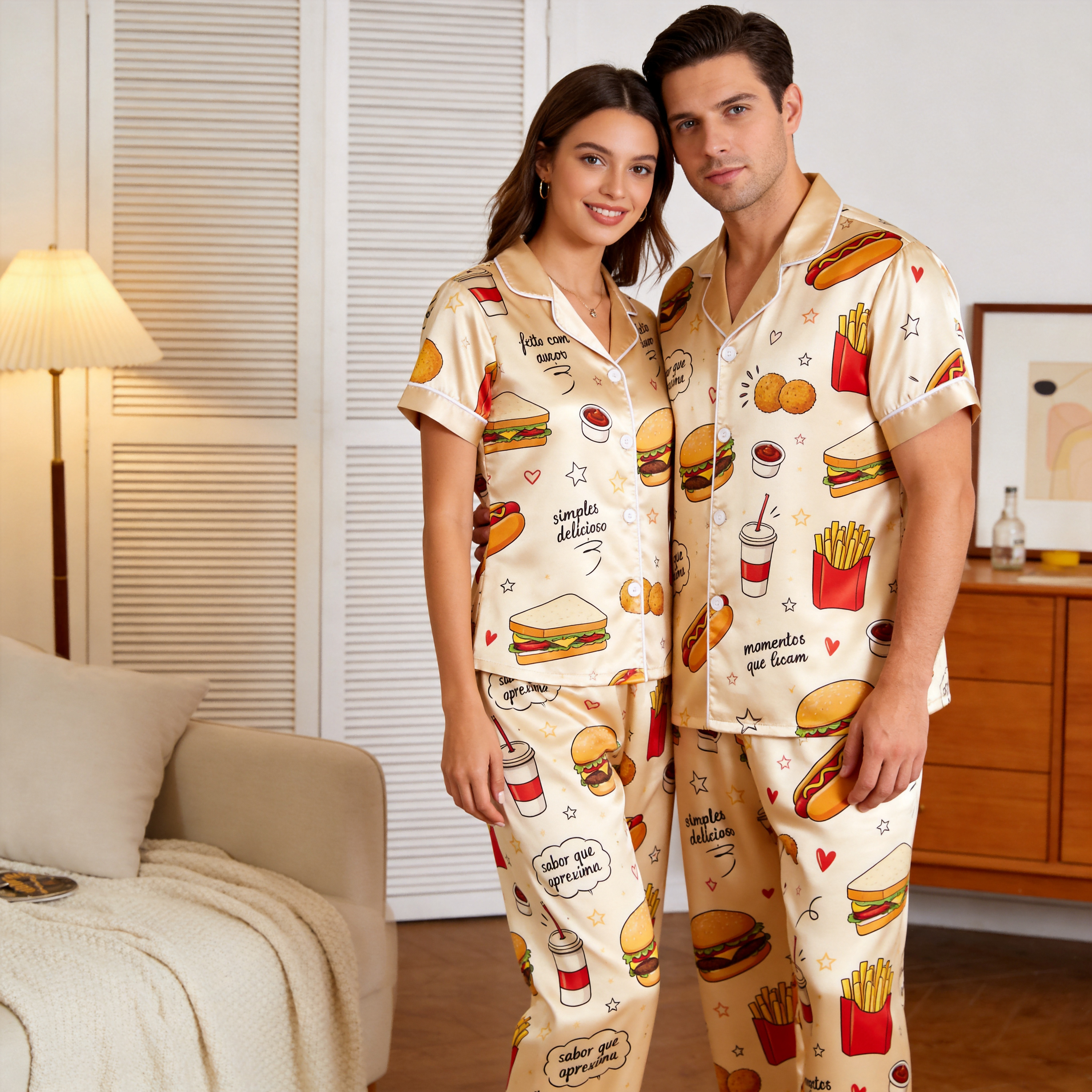 Burger & Fries Comfort Food Motif Satin Couples Pajamas – Short Sleeve Button-Up Loungewear Set with Pants