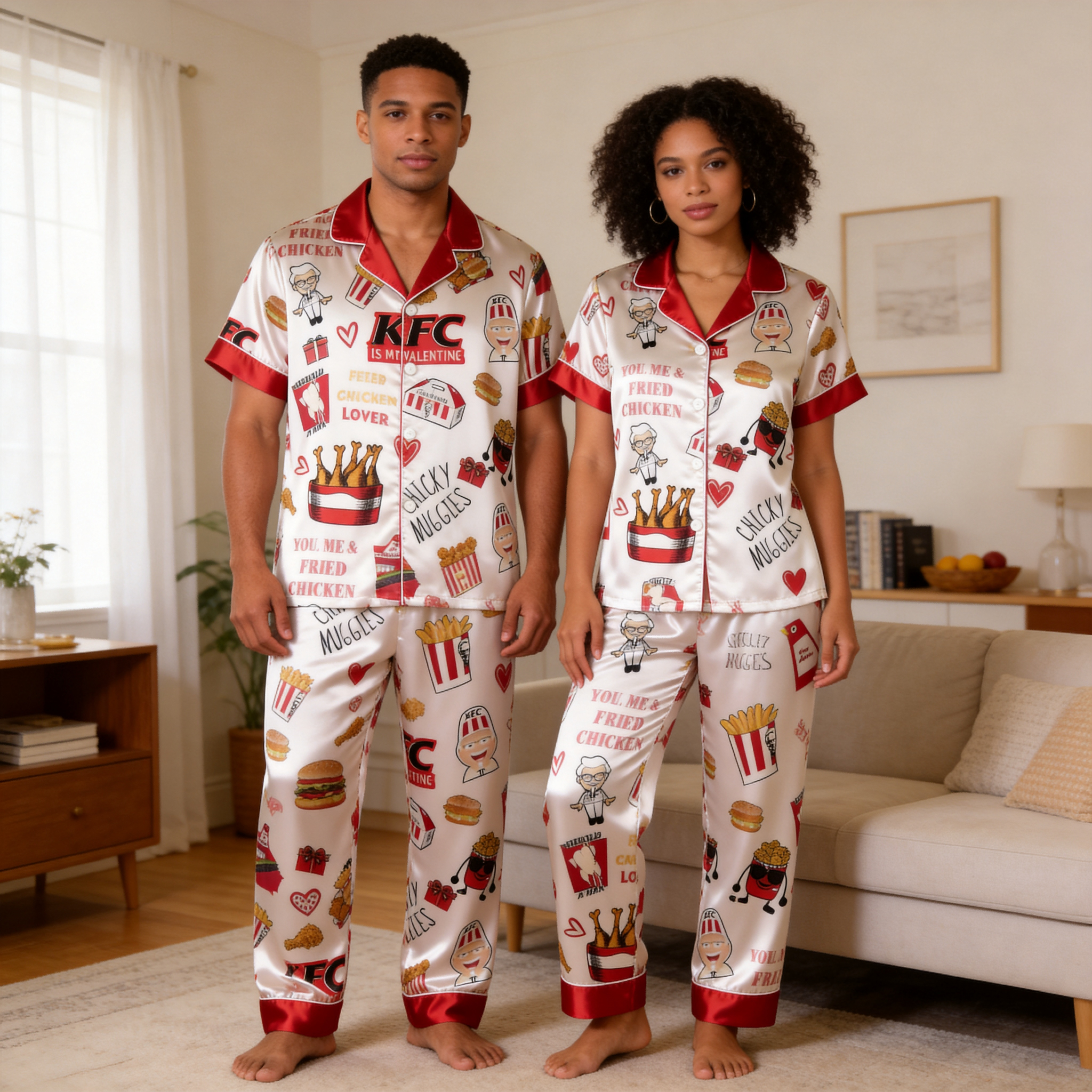 Burger & Fries Comfort Food Motif Satin Couples Pajamas – Short Sleeve Button-Up Loungewear Set with Pants