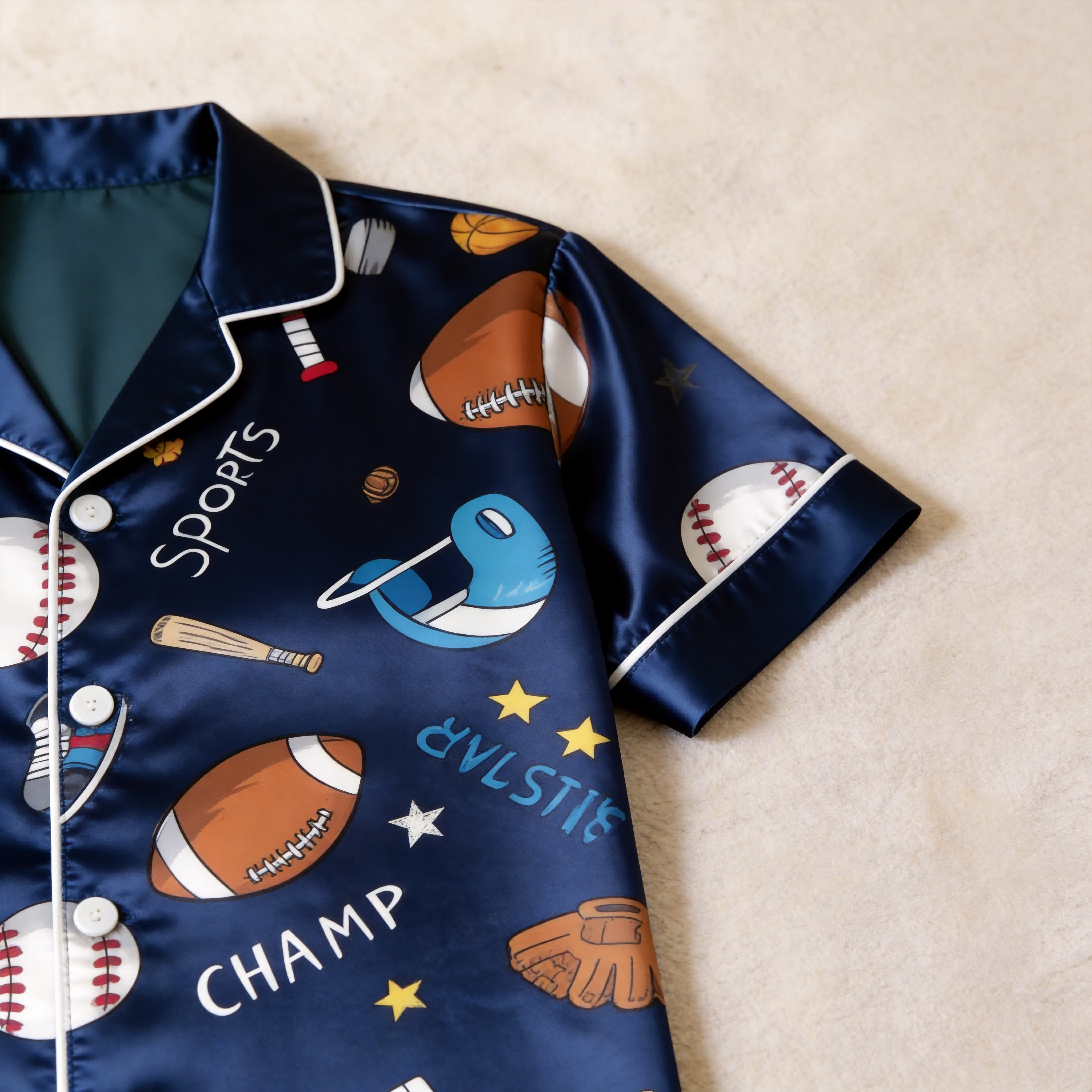 American Football Print Satin Matching Couple Pajamas – Short Sleeve Button-Down Top & Pants Sleepwear Set