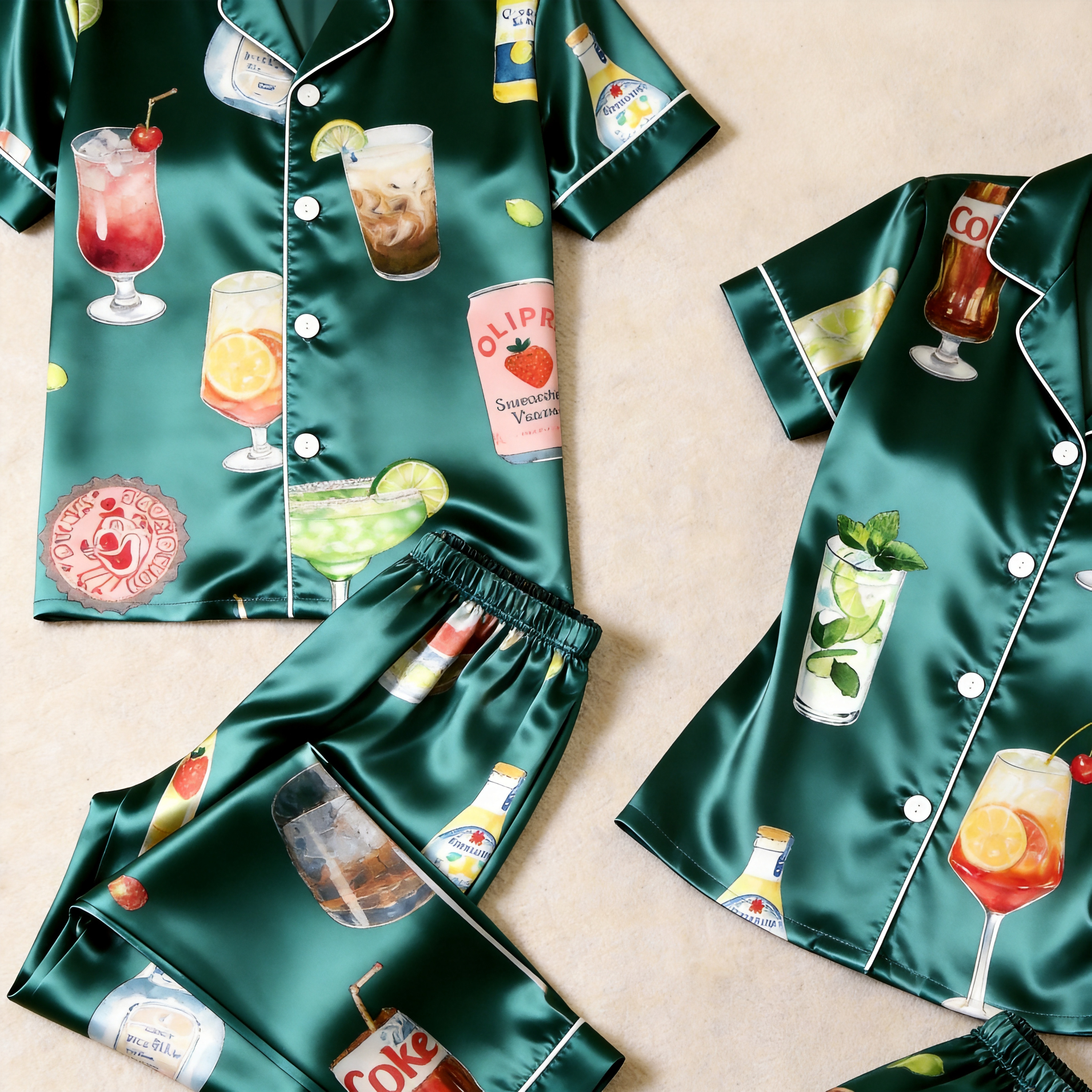 Happy Hour Bottle Print Satin Matching Couple Pajamas – Short Sleeve Button-Down Top & Pants Sleepwear Set