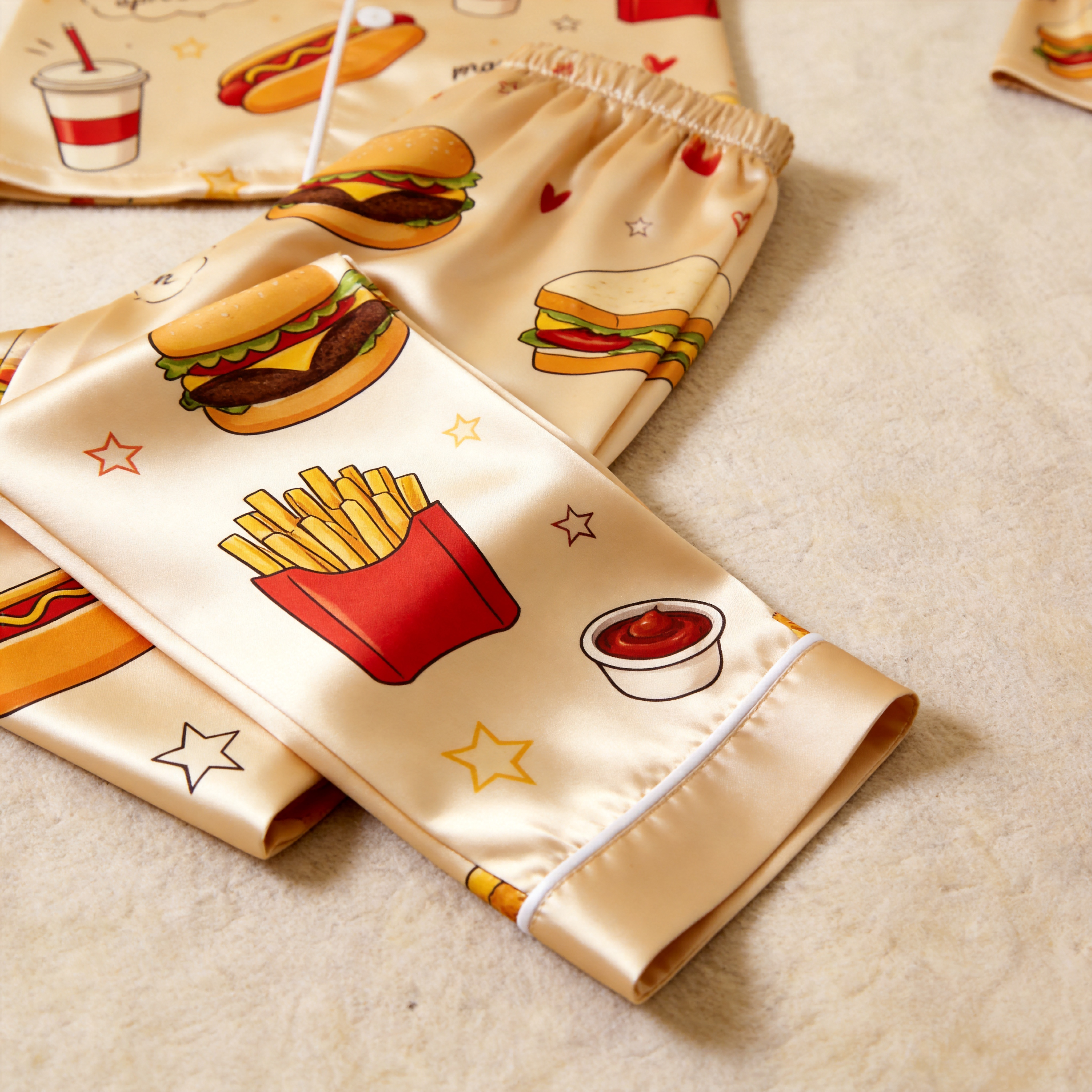 Burger & Fries Comfort Food Motif Satin Couples Pajamas – Short Sleeve Button-Up Loungewear Set with Pants