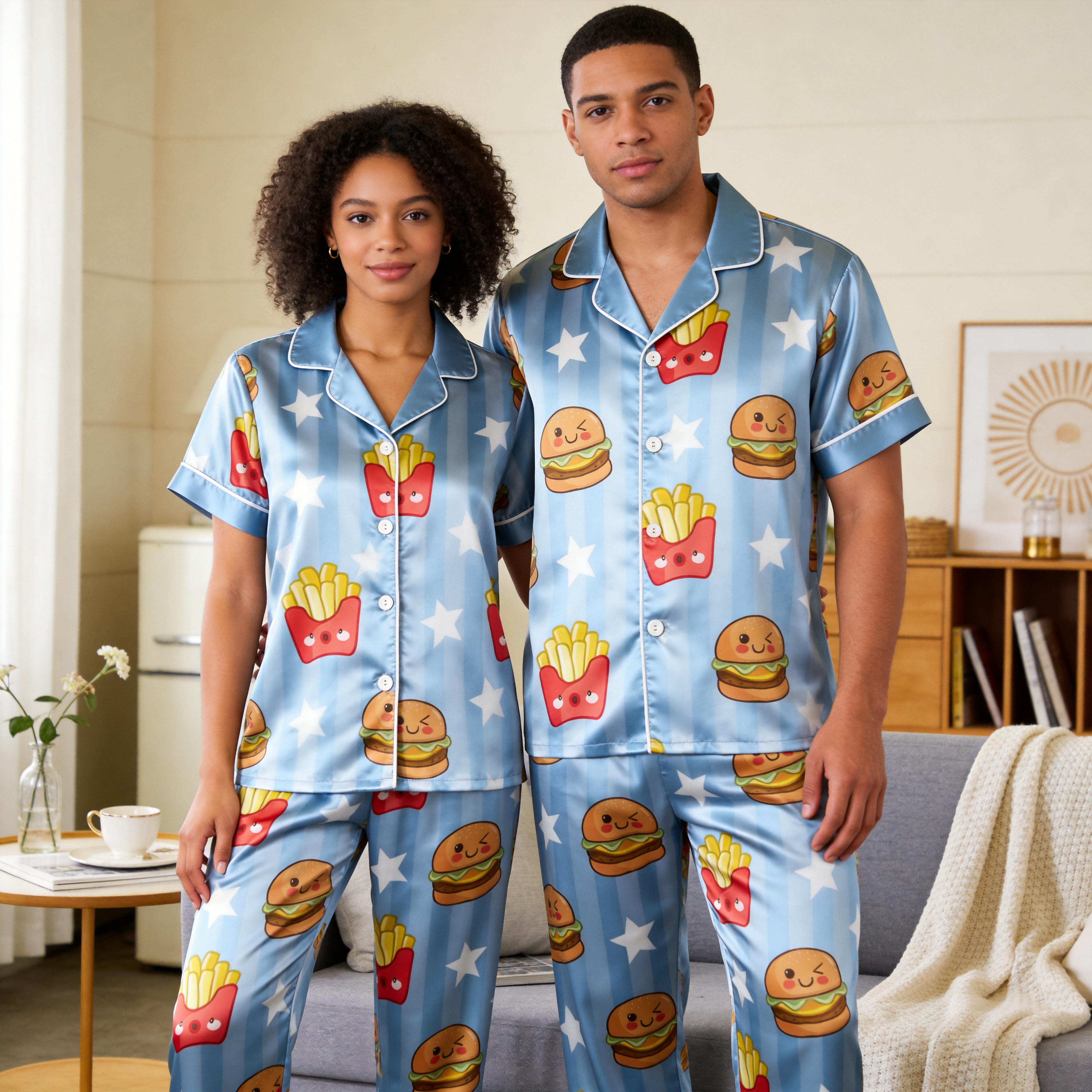 Burger & Fries Match Made in Heaven Satin Matching Couple Pajamas – Short Sleeve Button-Down Top & Pants Sleepwear Set