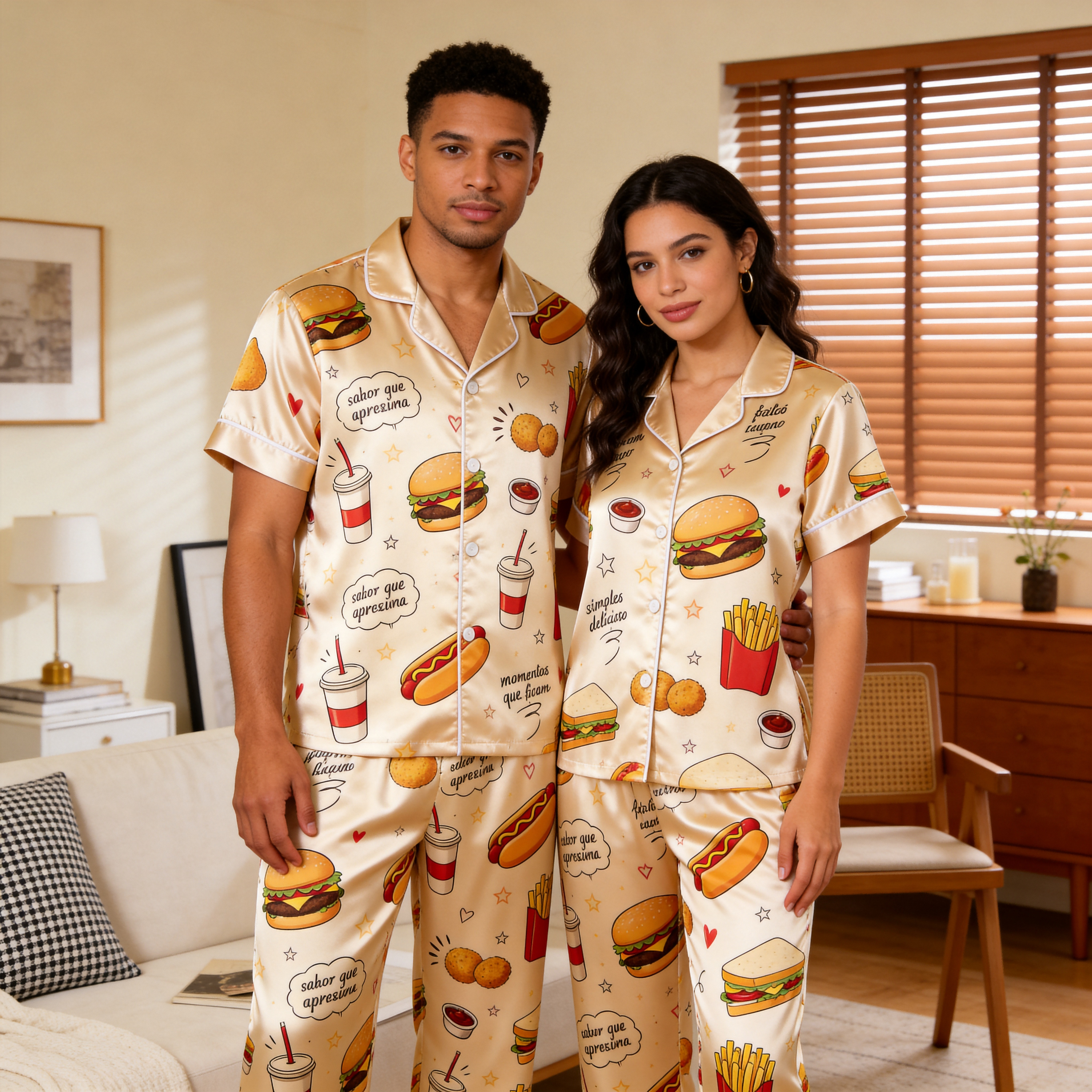 Burger & Fries Comfort Food Motif Satin Couples Pajamas – Short Sleeve Button-Up Loungewear Set with Pants