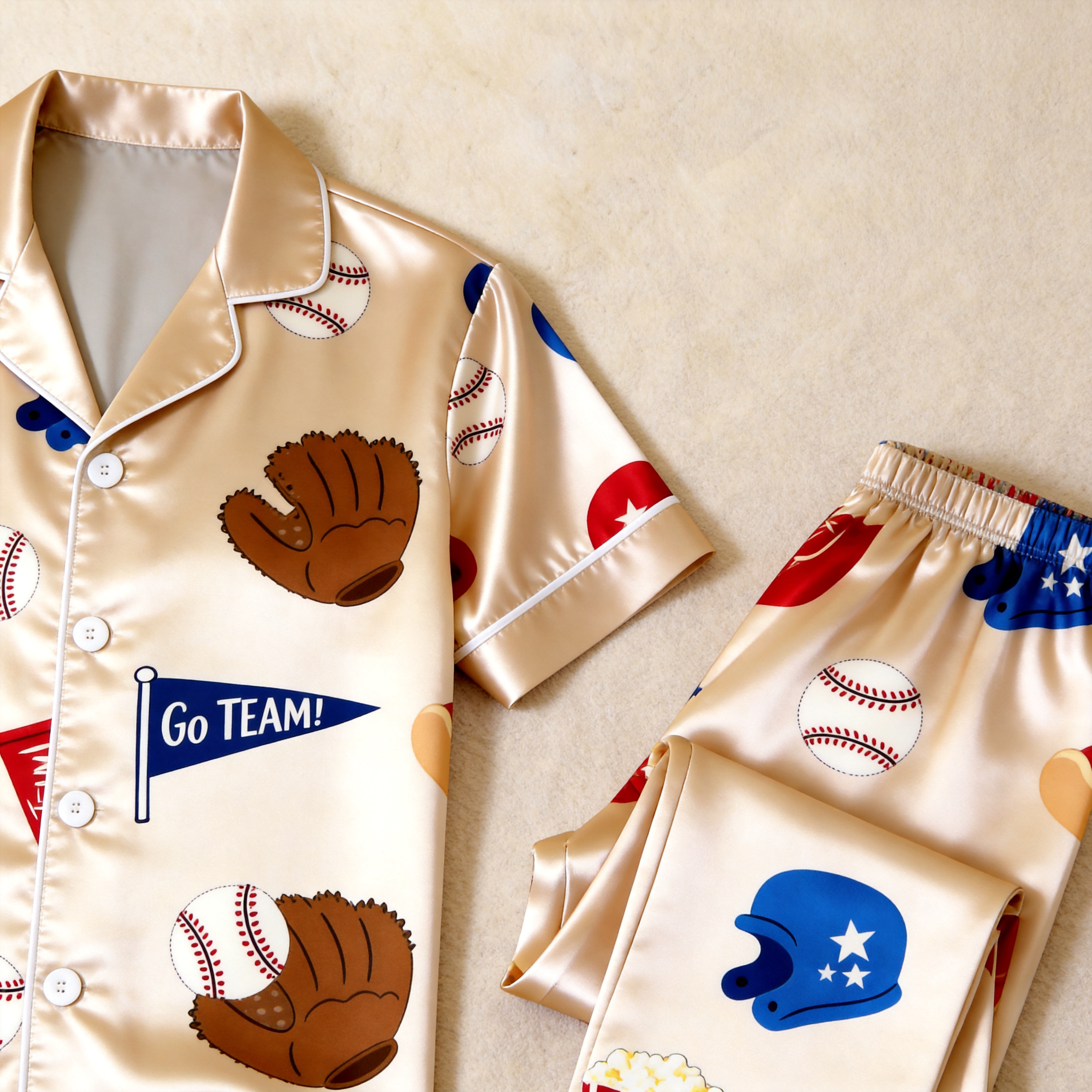 American Football Print Satin Matching Couple Pajamas – Short Sleeve Button-Down Top & Pants Sleepwear Set