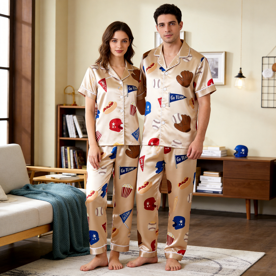 America's Pastime Baseball Print Satin Matching Couple Pajamas – Short Sleeve Button-Down Top & Pants Sleepwear Set