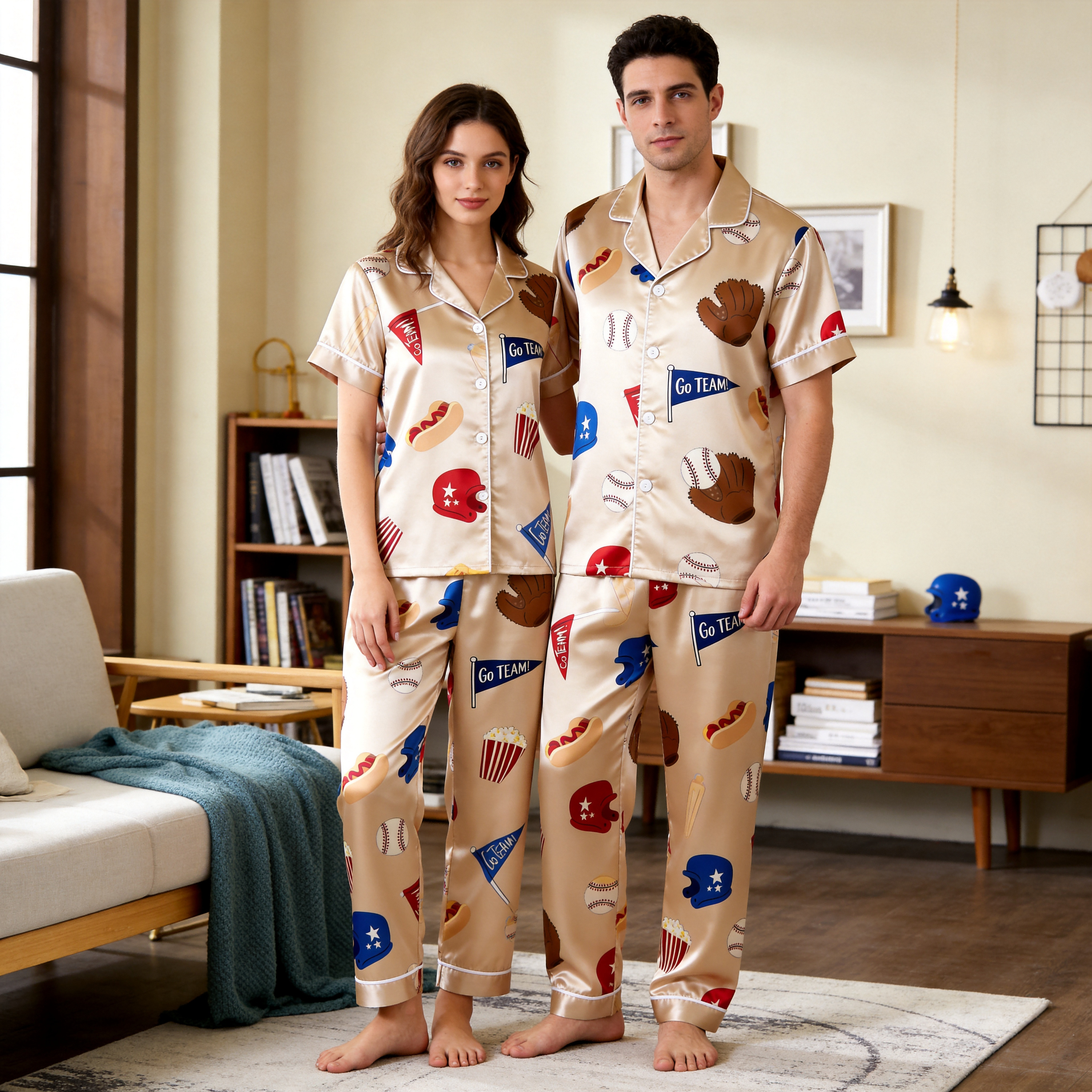 American Football Print Satin Matching Couple Pajamas – Short Sleeve Button-Down Top & Pants Sleepwear Set