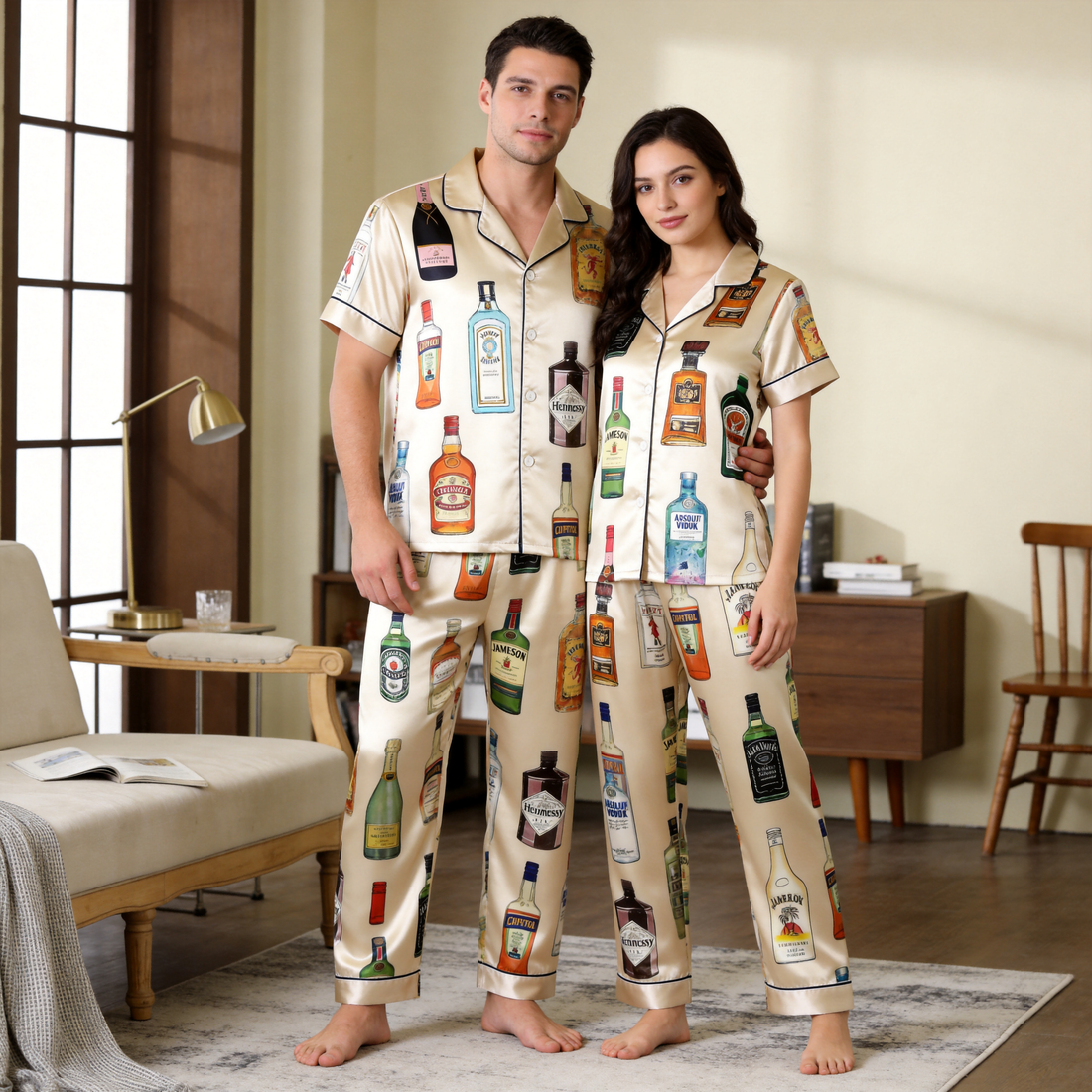 Happy Hour Bottle Print Satin Matching Couple Pajamas – Short Sleeve Button-Down Top & Pants Sleepwear Set