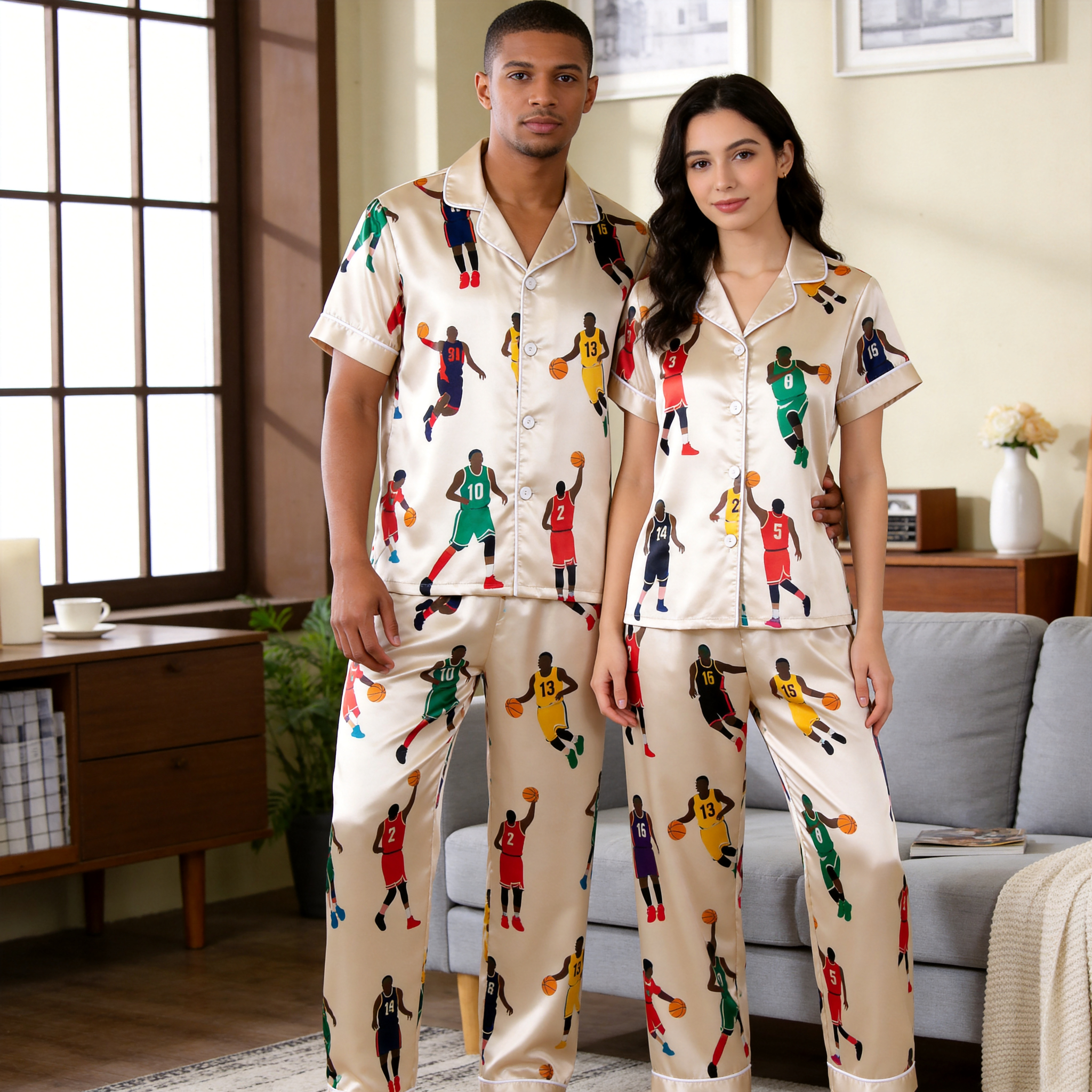 American Football Print Satin Matching Couple Pajamas – Short Sleeve Button-Down Top & Pants Sleepwear Set
