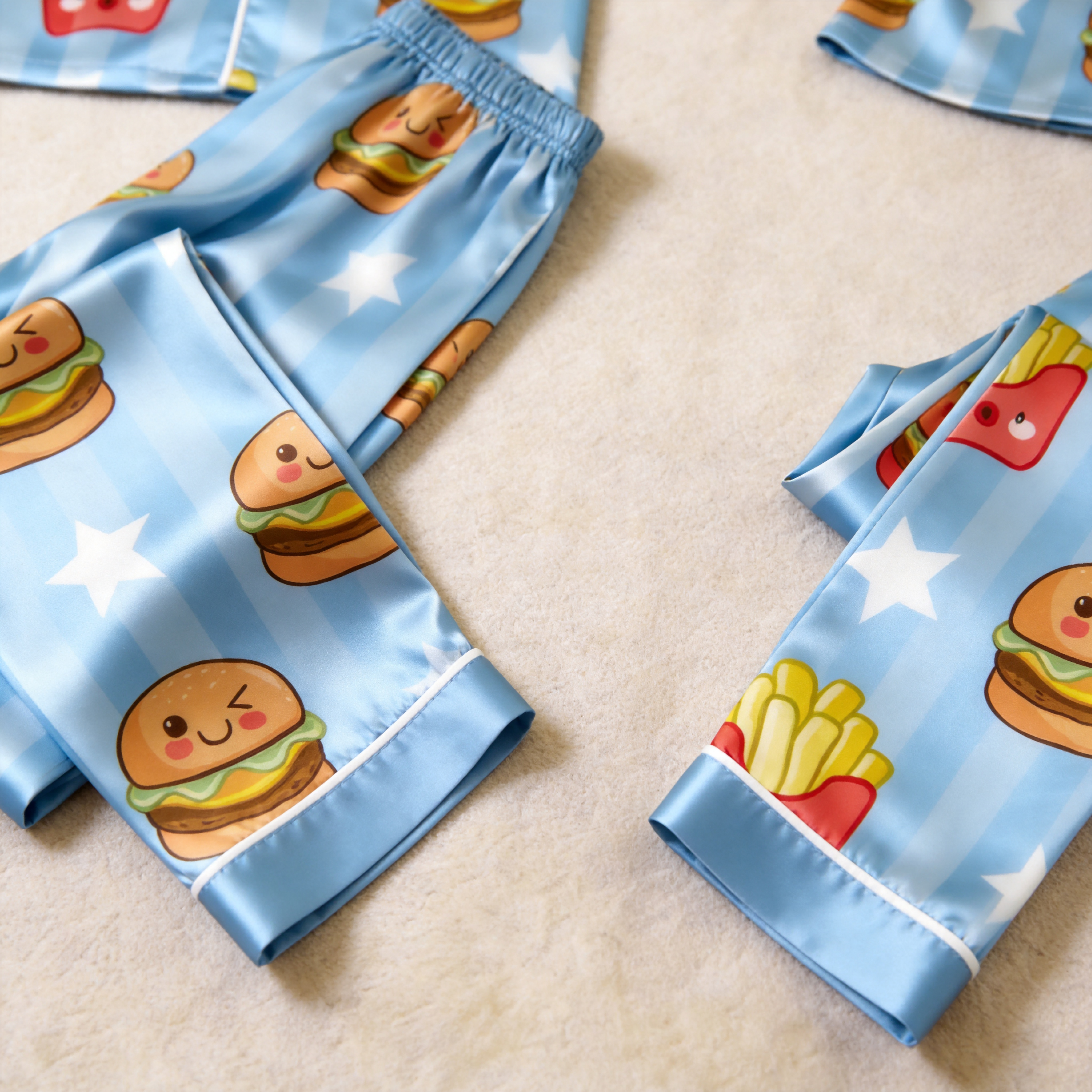 Burger & Fries Match Made in Heaven Satin Matching Couple Pajamas – Short Sleeve Button-Down Top & Pants Sleepwear Set