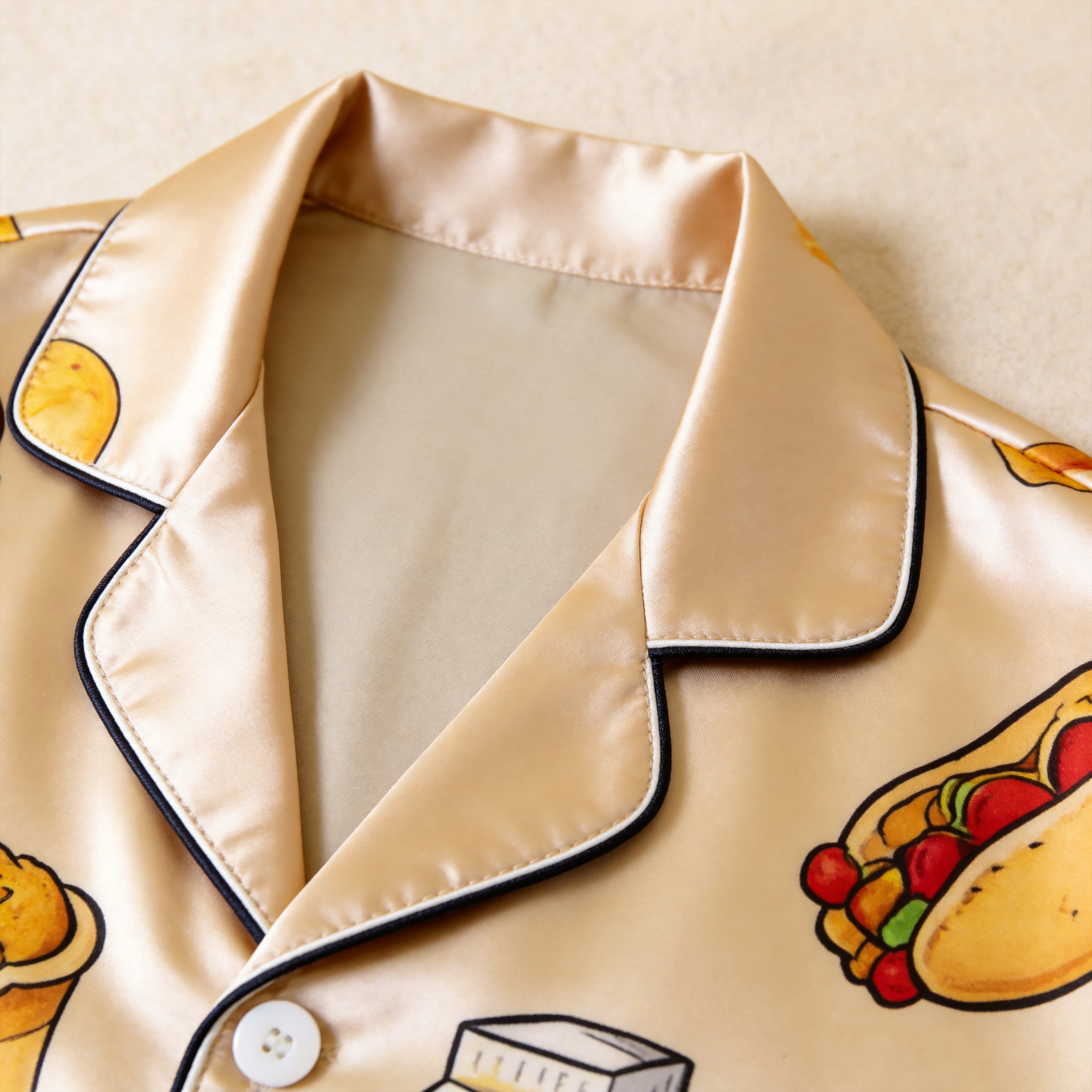 Burger & Fries Match Made in Heaven Satin Matching Couple Pajamas – Short Sleeve Button-Down Top & Pants Sleepwear Set