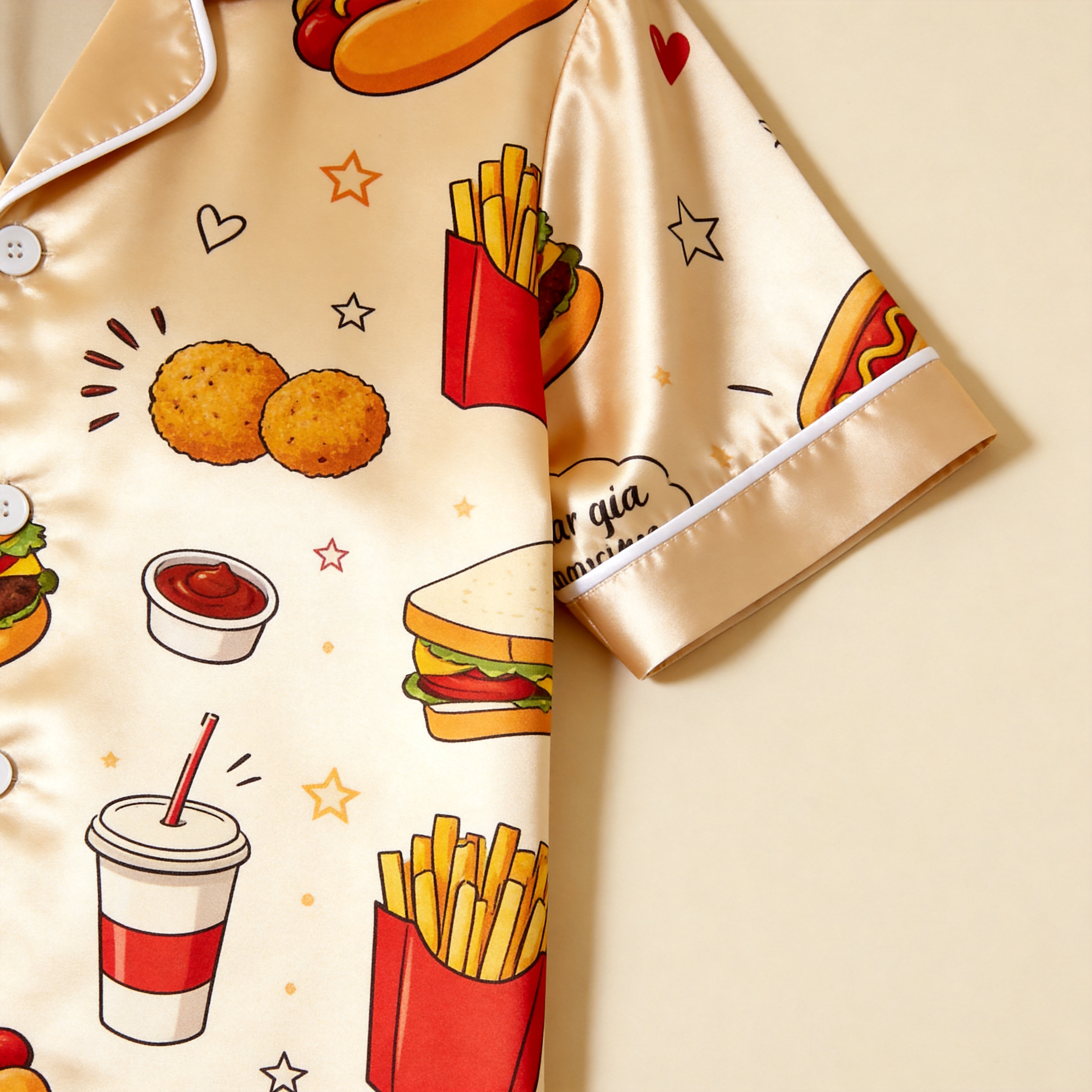Burger & Fries Comfort Food Motif Satin Couples Pajamas – Short Sleeve Button-Up Loungewear Set with Pants