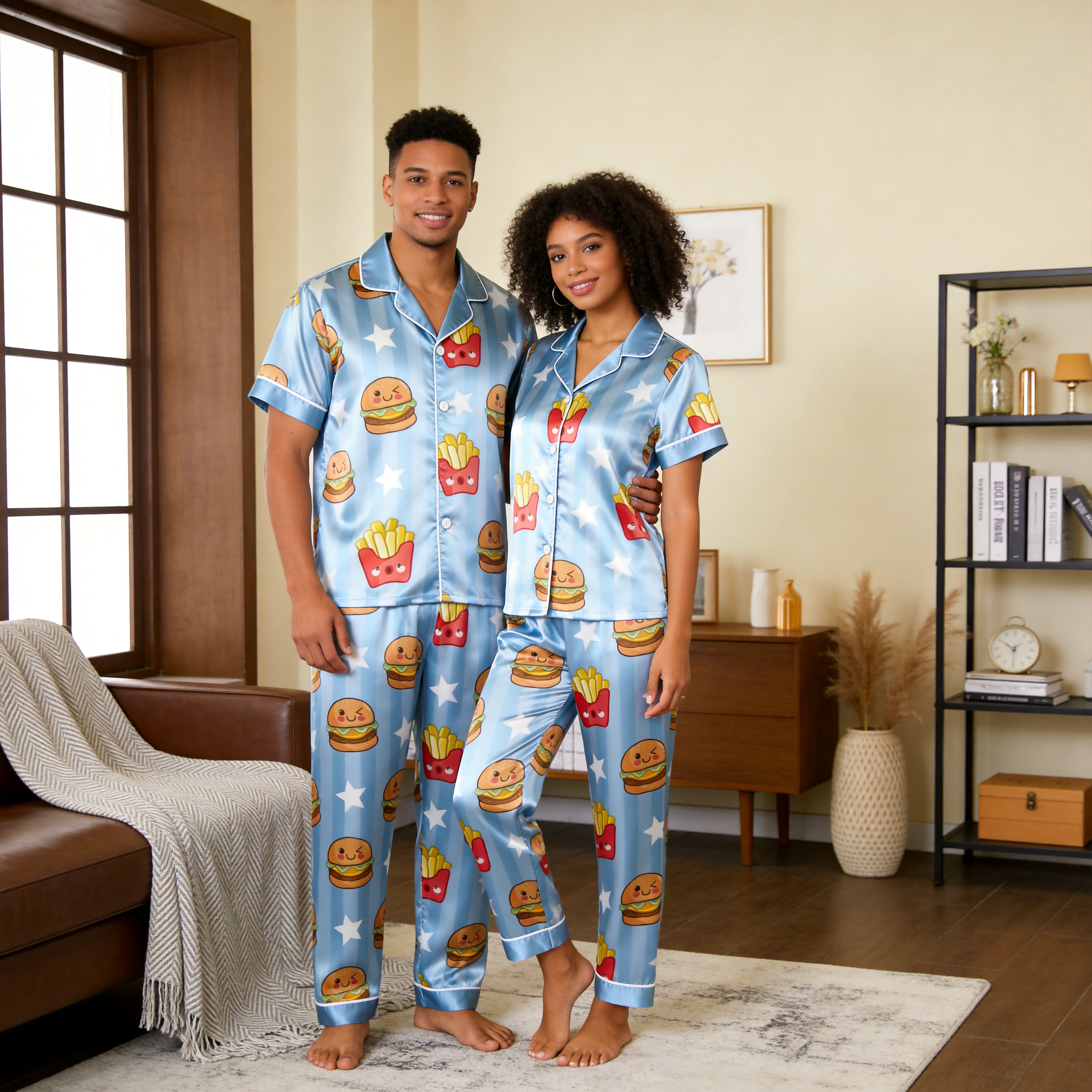 Burger & Fries Match Made in Heaven Satin Matching Couple Pajamas – Short Sleeve Button-Down Top & Pants Sleepwear Set