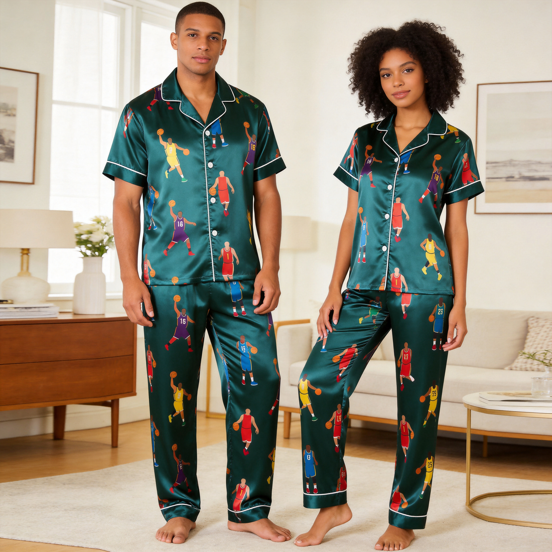 Luxury Basketball Player Motif Green Satin Couples Pajamas – Short Sleeve Button-Up Loungewear Set with Pants