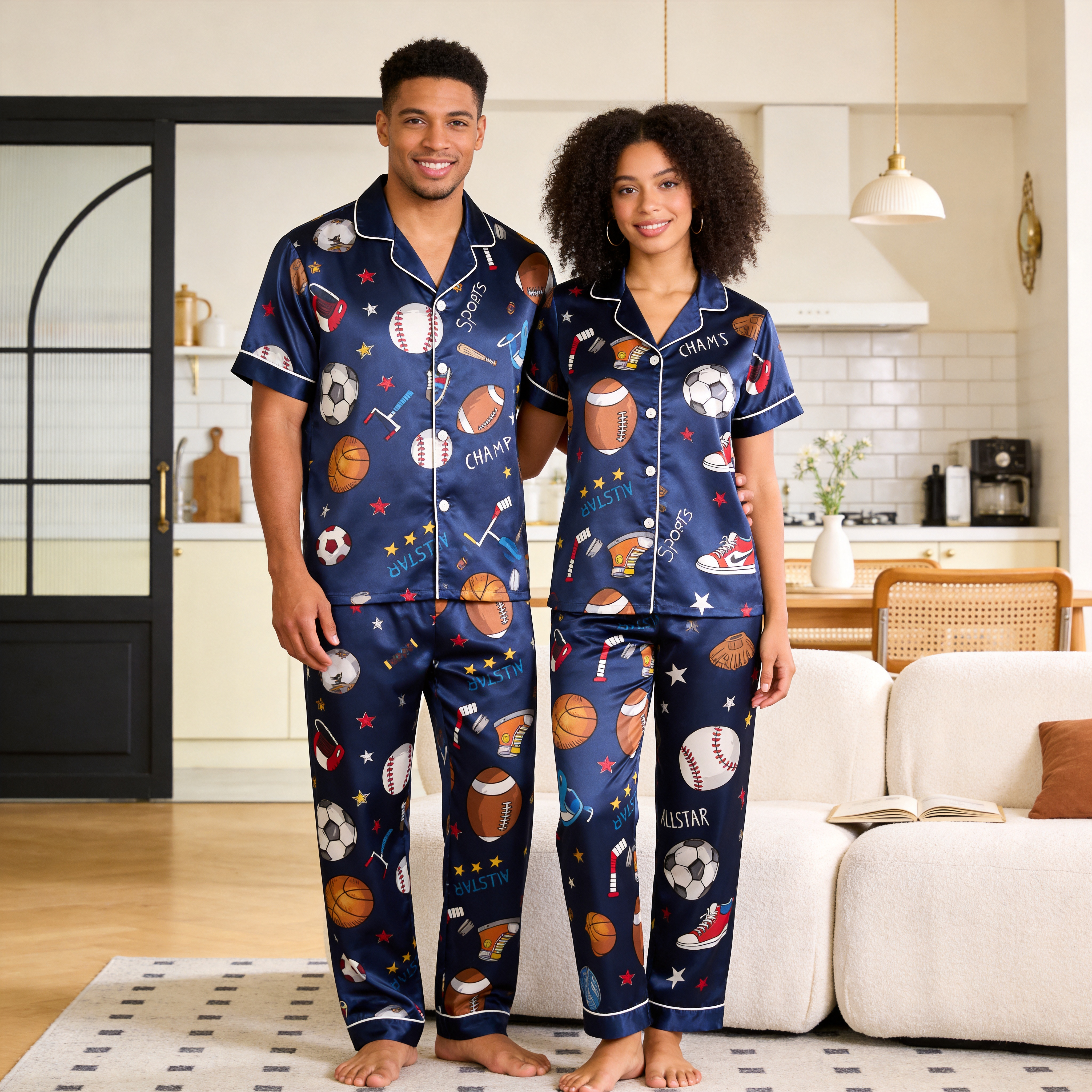American Football Print Satin Matching Couple Pajamas – Short Sleeve Button-Down Top & Pants Sleepwear Set