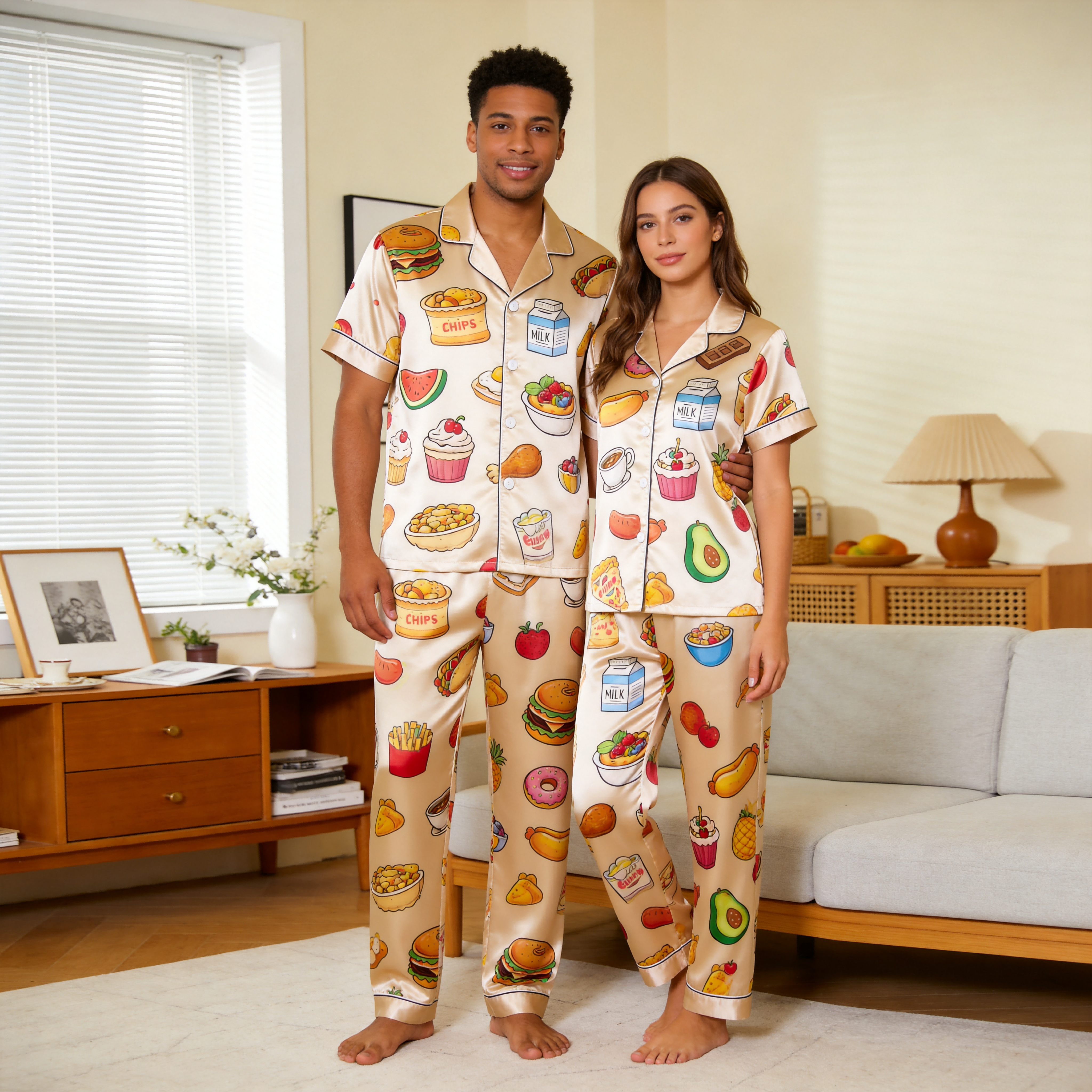Burger & Fries Match Made in Heaven Satin Matching Couple Pajamas – Short Sleeve Button-Down Top & Pants Sleepwear Set