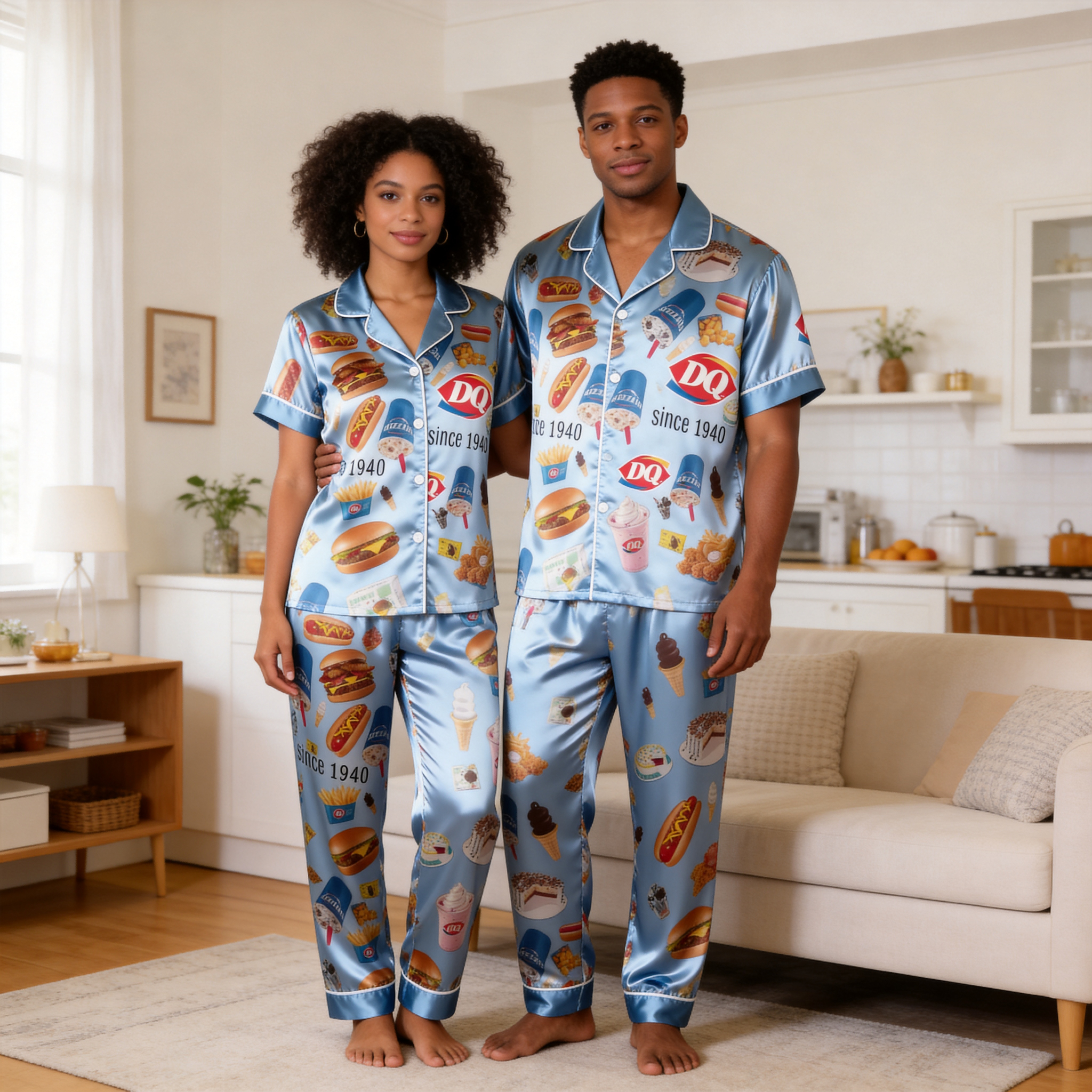 Burger & Fries Comfort Food Motif Satin Couples Pajamas – Short Sleeve Button-Up Loungewear Set with Pants