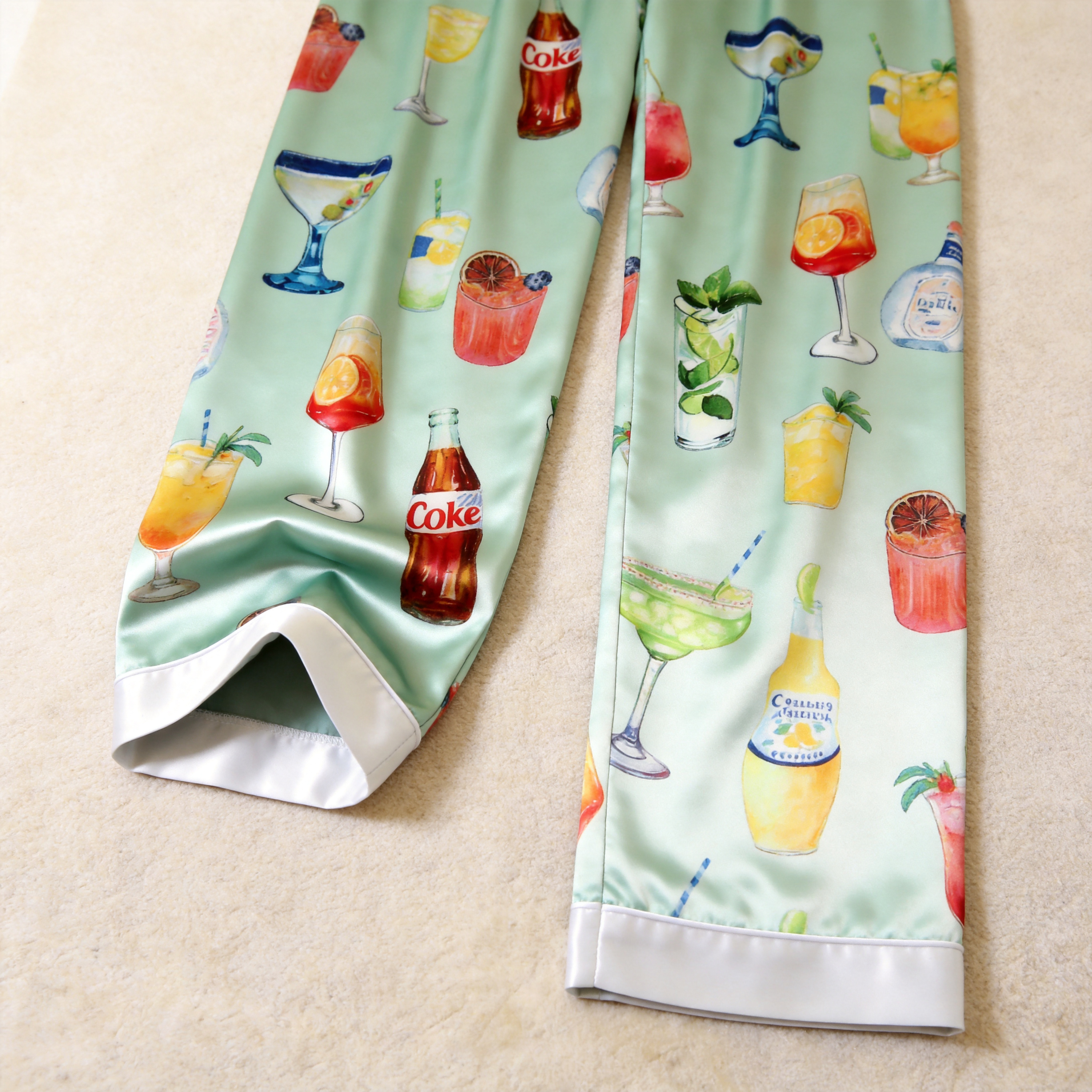 Happy Hour Bottle Print Satin Matching Couple Pajamas – Short Sleeve Button-Down Top & Pants Sleepwear Set