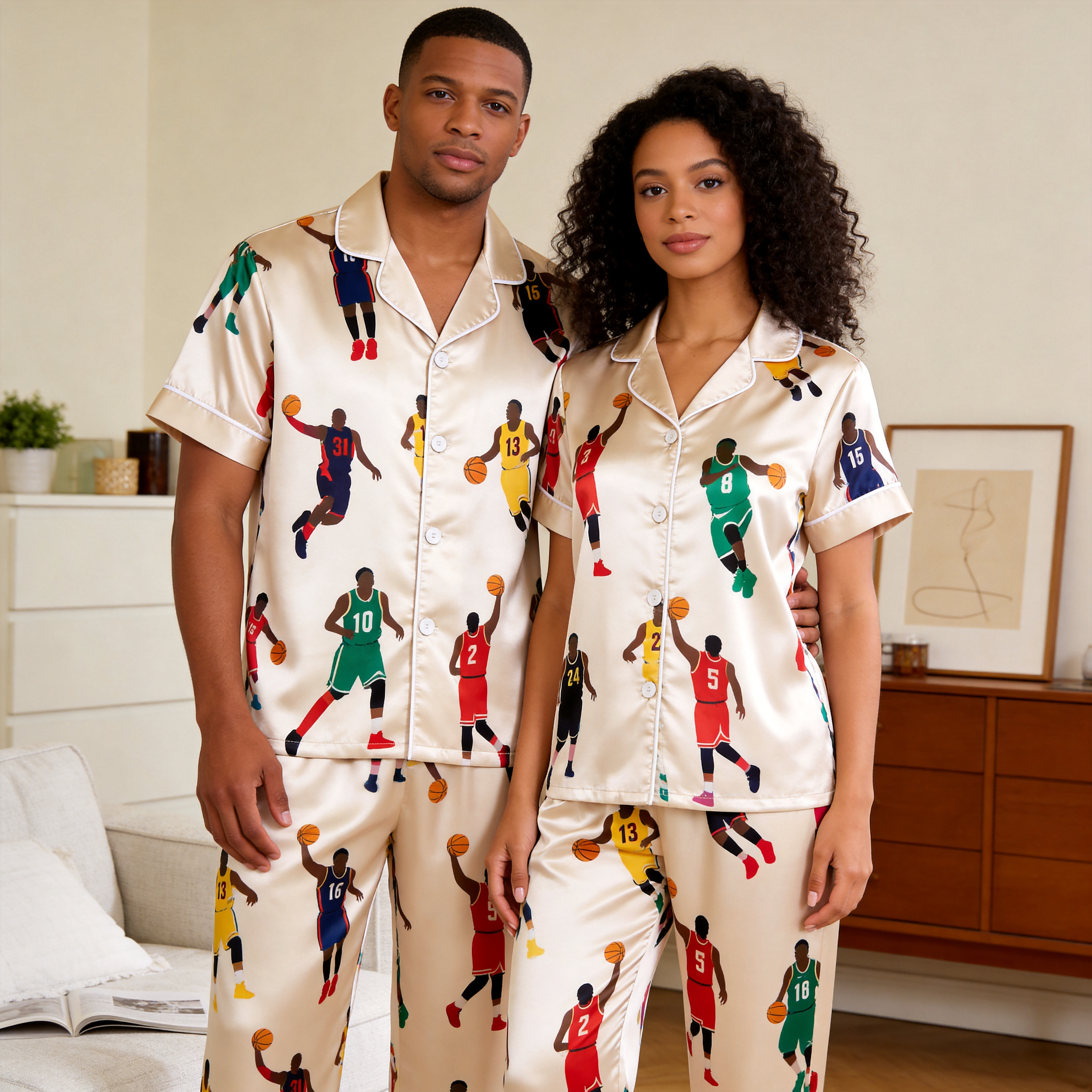 American Football Print Satin Matching Couple Pajamas – Short Sleeve Button-Down Top & Pants Sleepwear Set